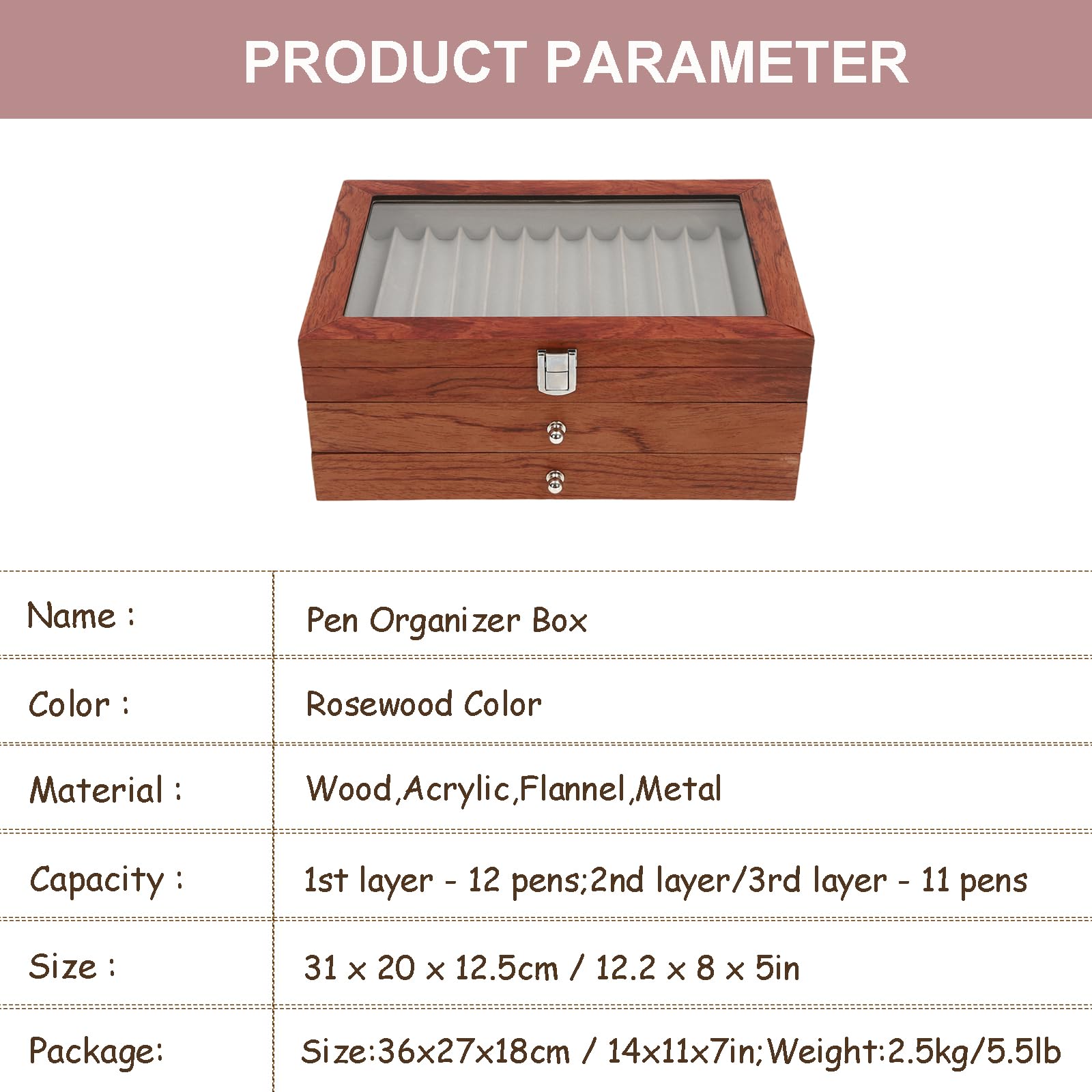 WUPYI 3 Layer Wood Pen Display Box 34 Pen Organizer Box,Pen Display Case Storage and Fountain Pen