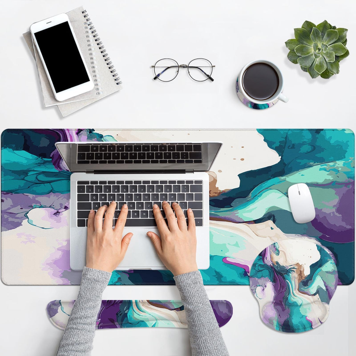 Britimes Keyboard Mouse Pad Set, 4 in 1 Desk Mat Set, Marbling Liquid