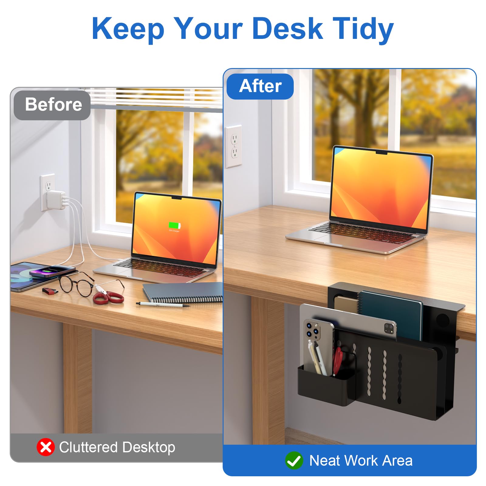 HAMOPY Desk Side Storage, 2 Tier Steel Hanging Desk Organizer with Magnetic Pen Holder, No Drilling