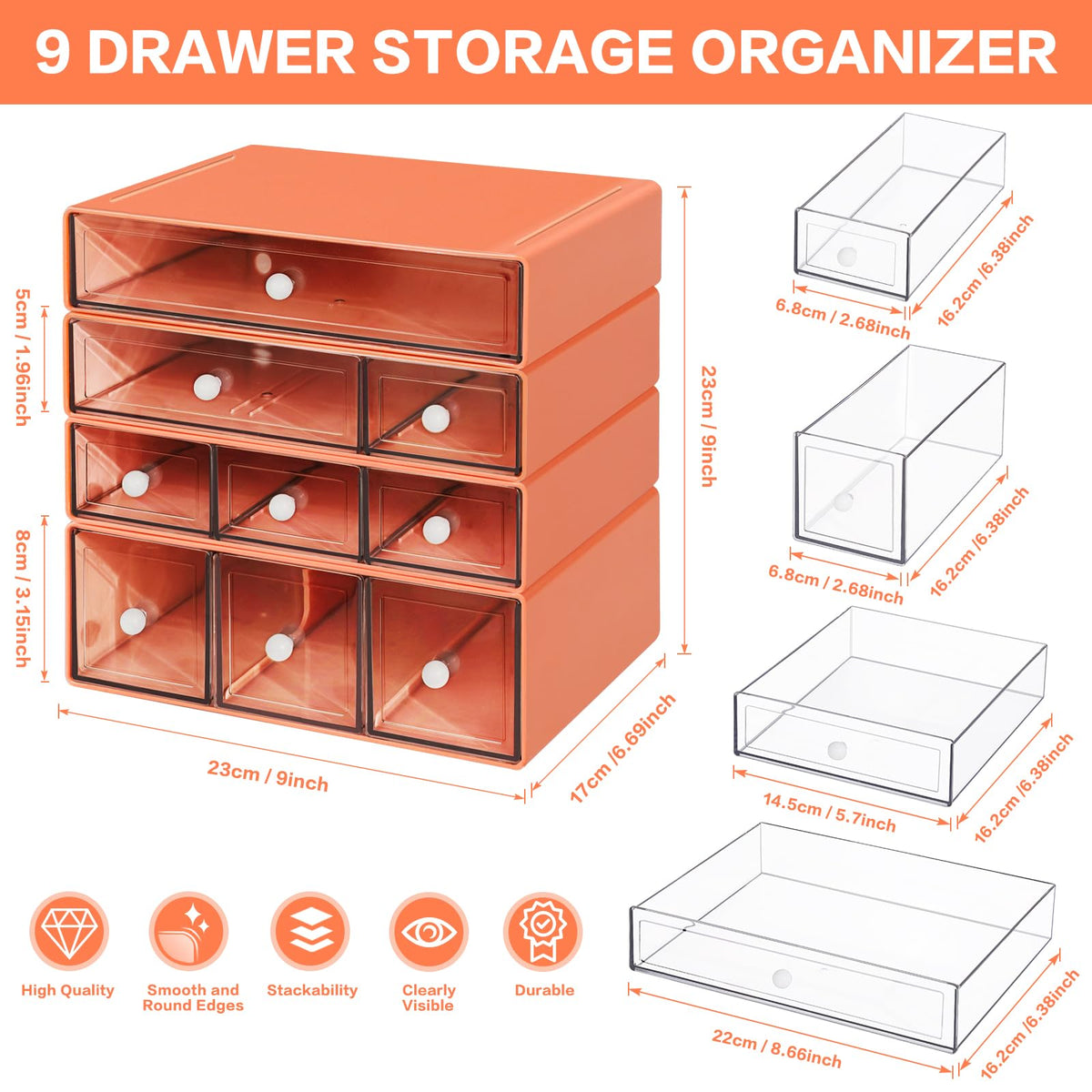FODIENS Desk Storage Organizer with 9 Drawers, 4 Tiers Stackable Desktop Craft Storage Drawers