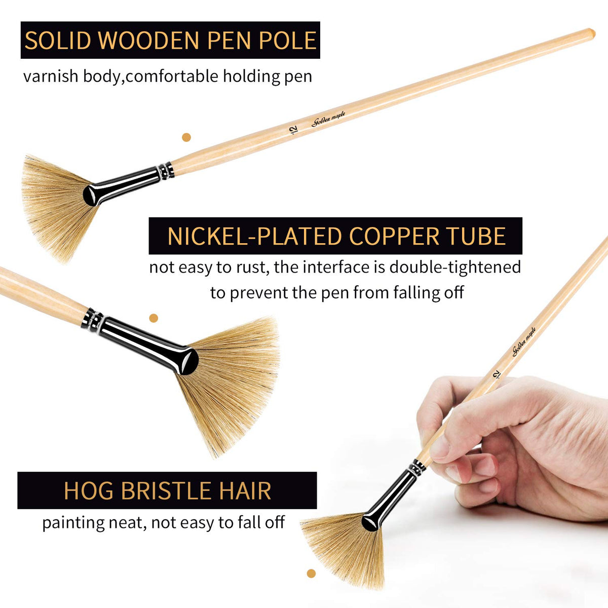 Artist Fan Paint Brush Set of 6, Hog Bristle Natural Hair Anti-Shedding Brush Tips, Long Wooden
