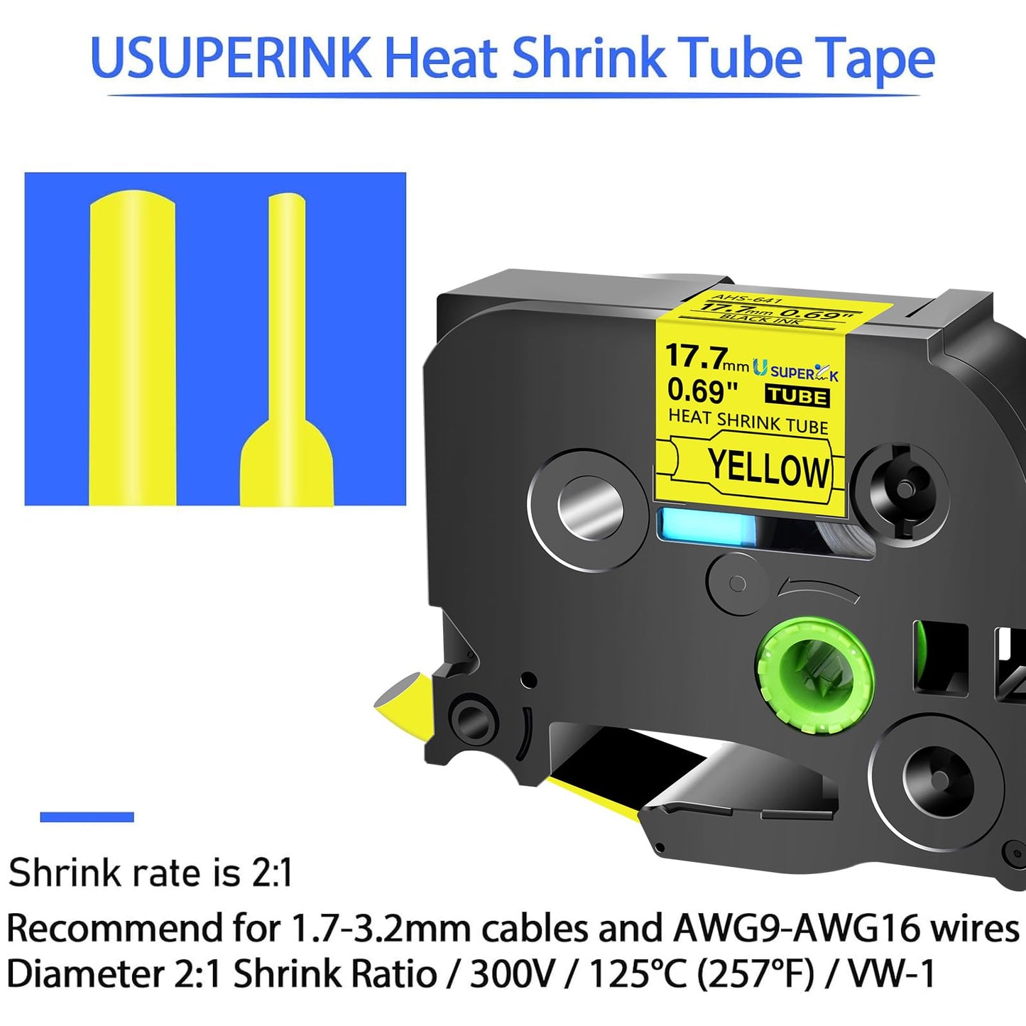 USUPERINK 2 Pack Compatible for HSe-641 HSe641 HS-641 HS641 Black on Yellow (17.7mm 0.69''x 1.5m