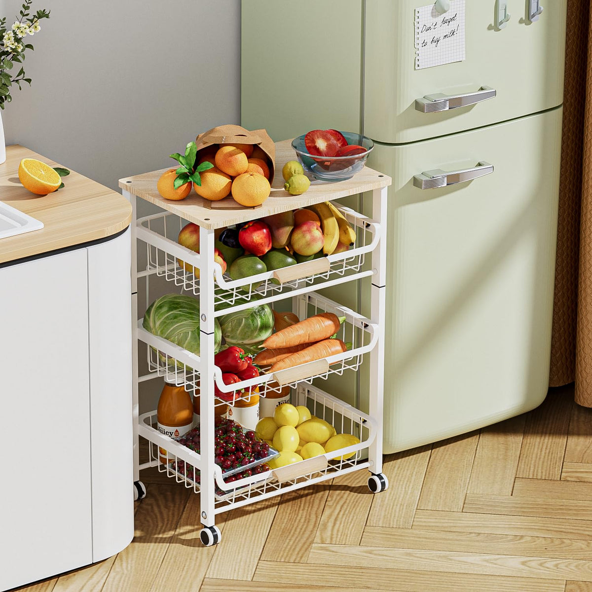 JAQ Slide Out Fruit Vegetable Basket for Kitchen, 4-Tier Rolling Storage Cart with Wooden Handle &