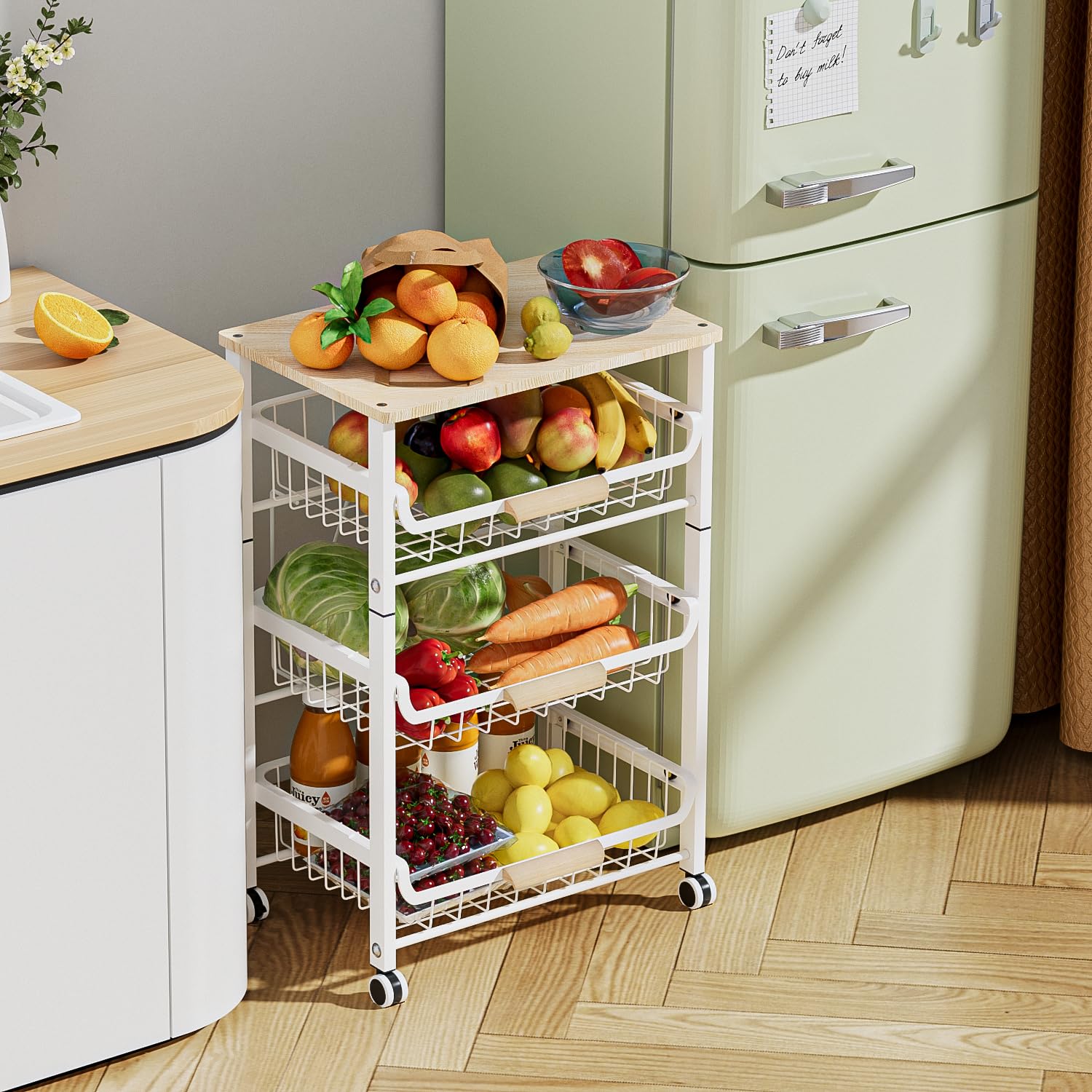 JAQ Slide Out Fruit Vegetable Basket for Kitchen, 4-Tier Rolling Storage Cart with Wooden Handle &