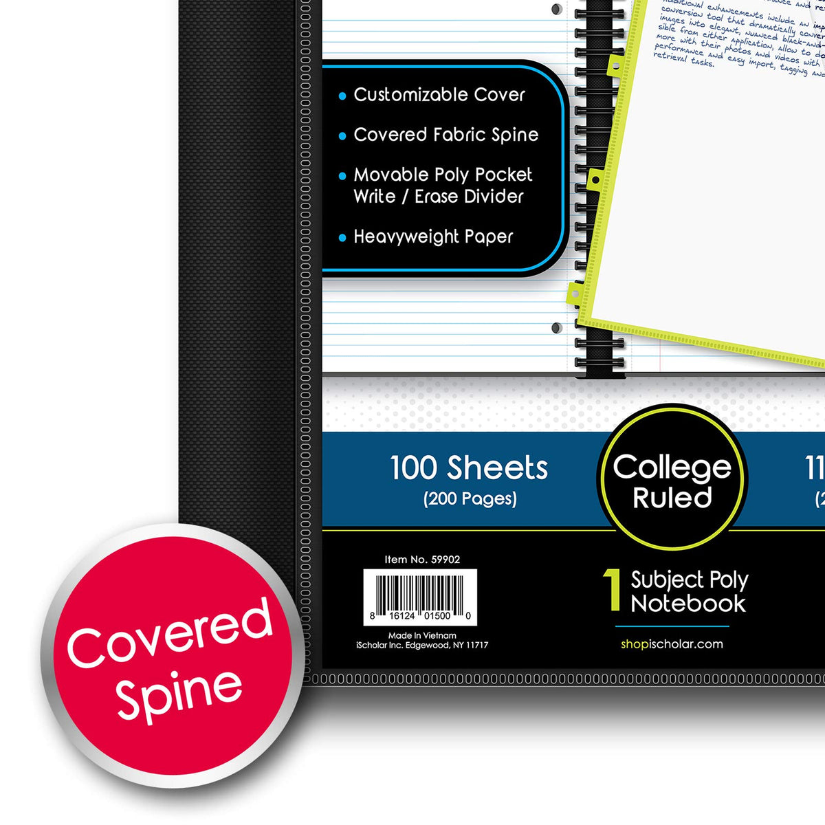 IQ+ iScholar 1-Subject Poly Cover Wirebound Notebook, College Ruled, 11 x 8.5 Inch Sheet Size, 100