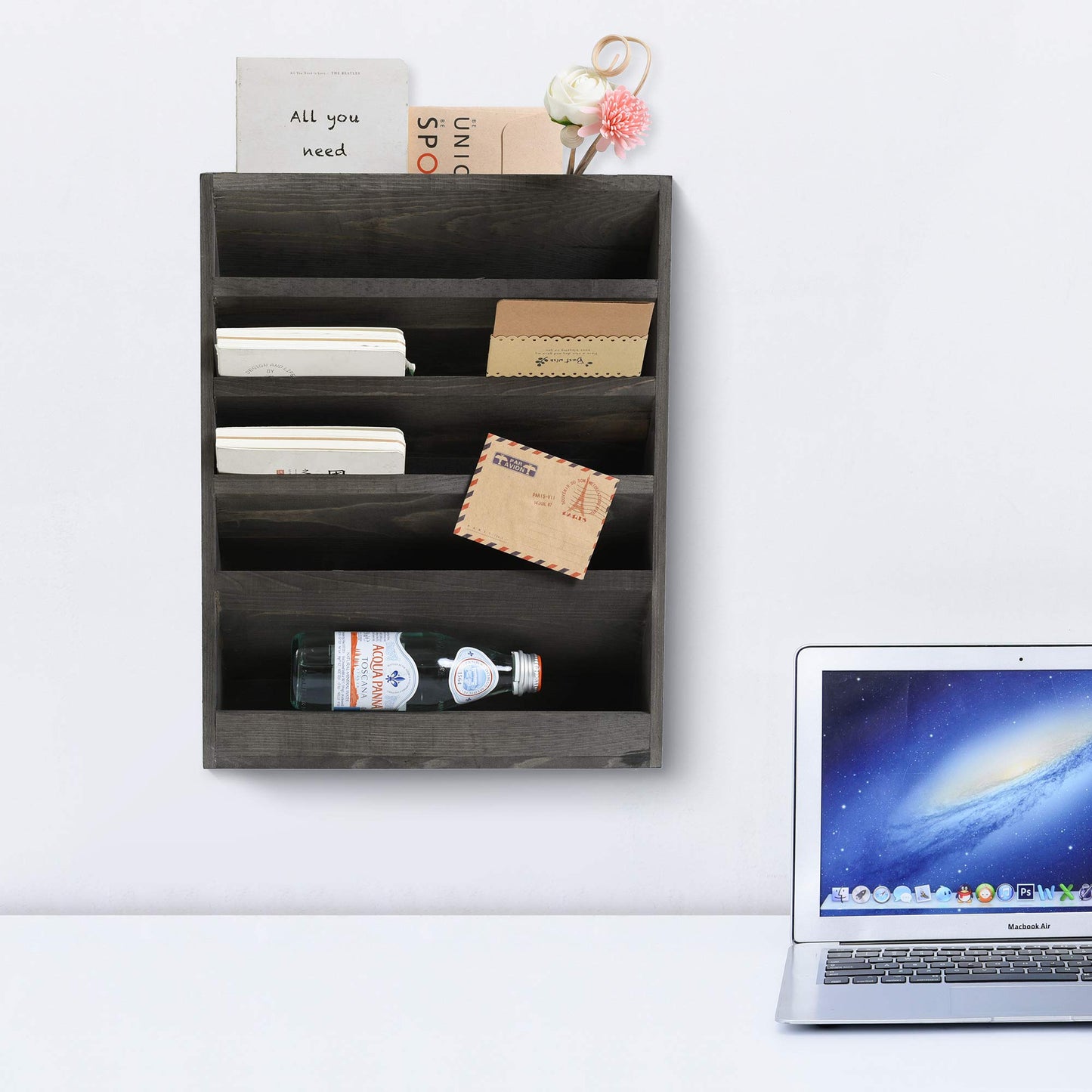 Vintage Rustic Wooden 5 Slot Office Desk or Distressed Torched Wood Wall Mounted Hanging Document