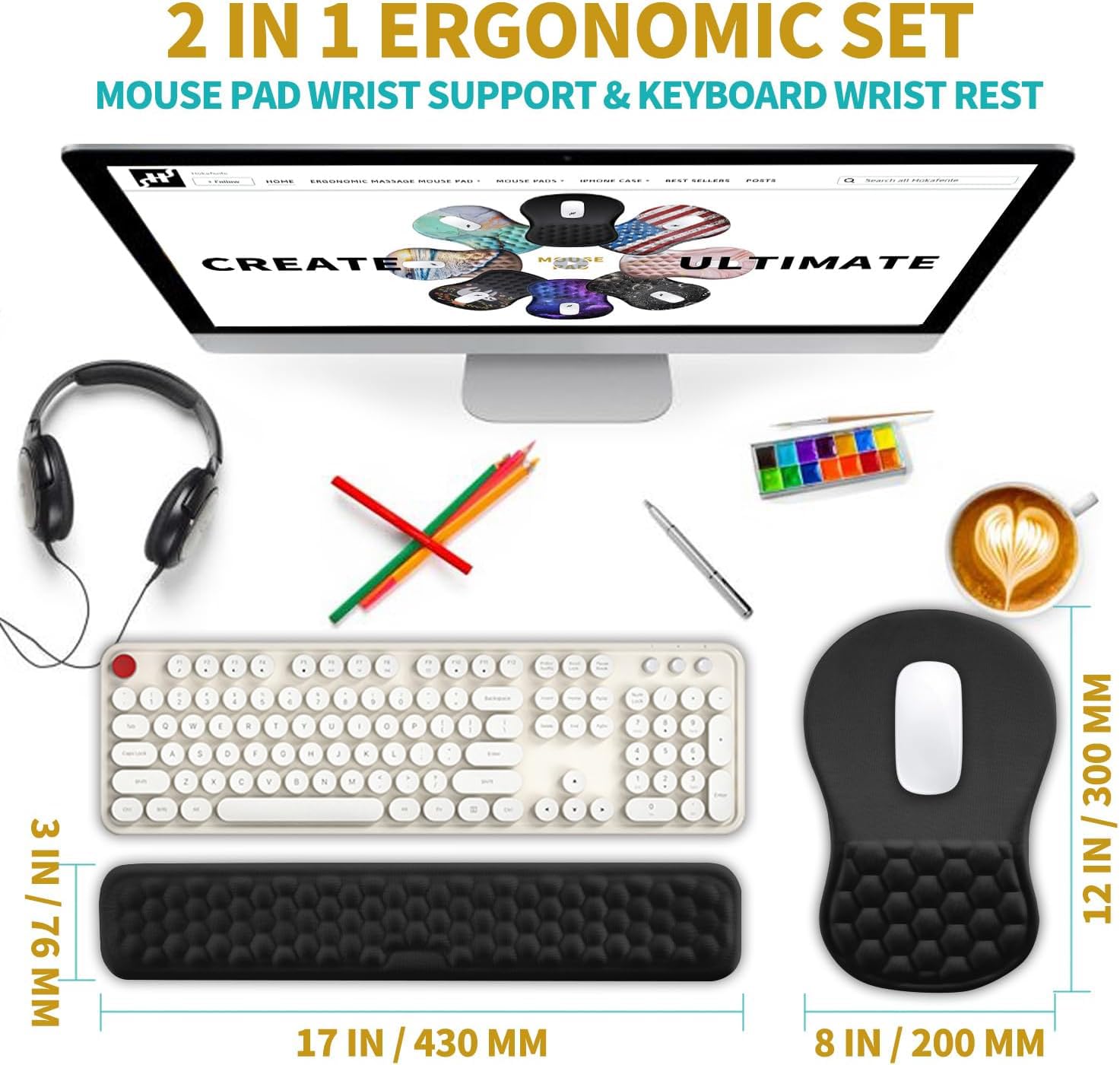 Hokafenle 2 in 1 Ergonomic Mouse Pad Wrist Support & Wrist Rest for Computer Keyboard Set, with