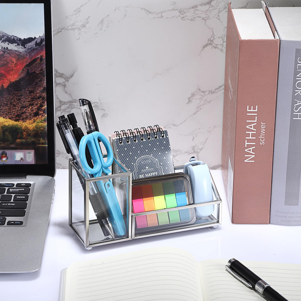 Hipiwe Glass Business Card Holder with Pen Cup for Desk, 2 Slots Silver