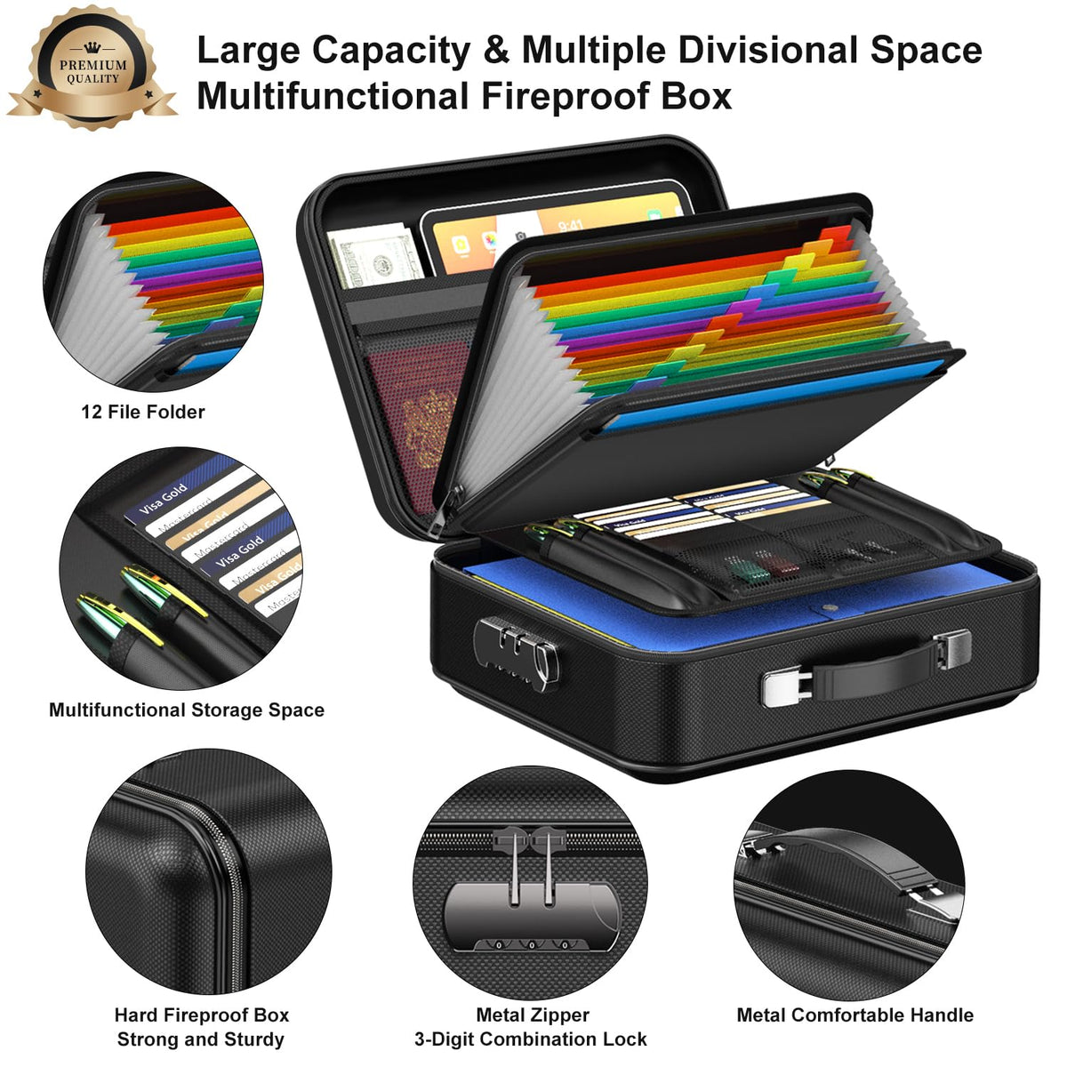 COLCASE Fireproof Document Box with Lock, Hard Fireproof Document Organizer