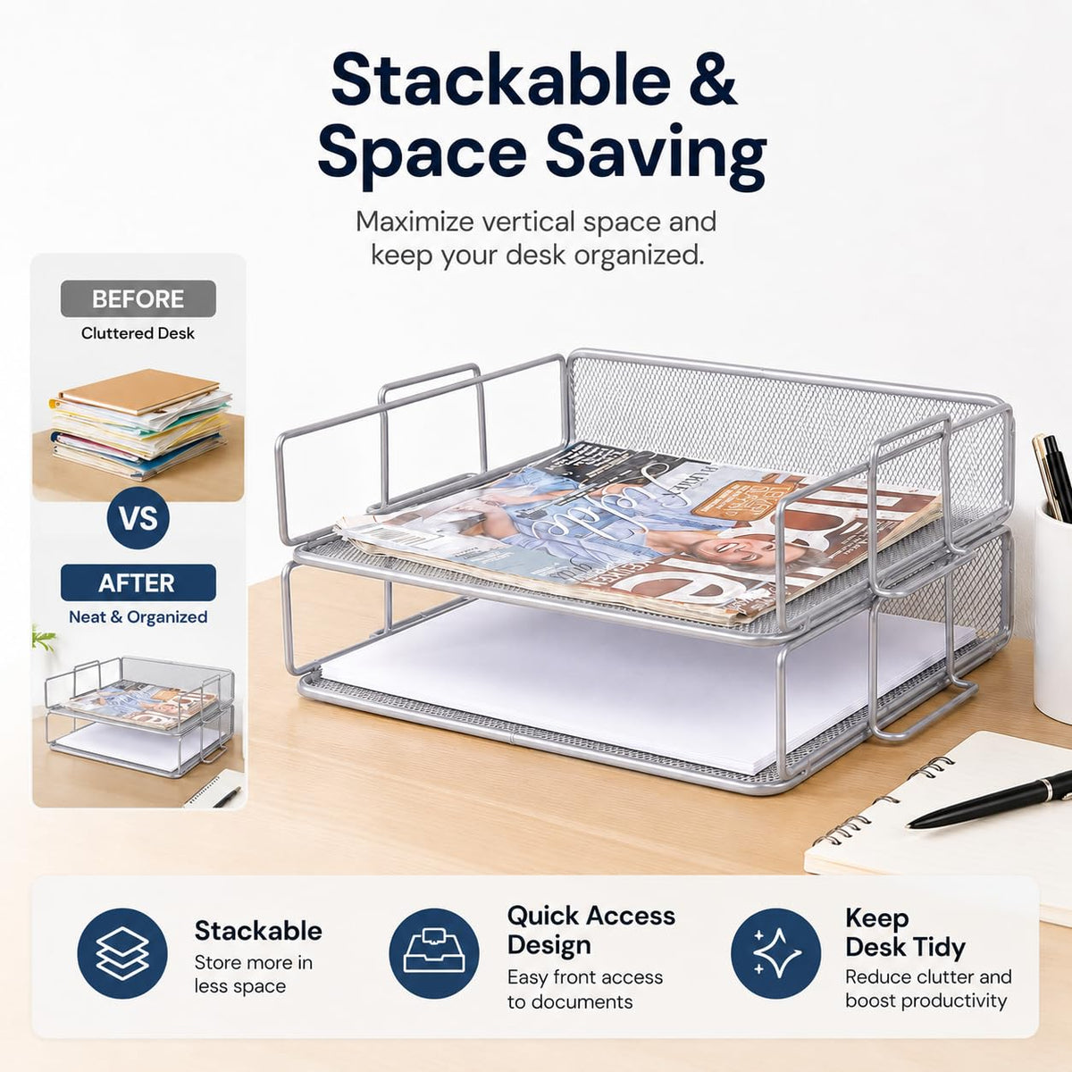 EXERZ Letter Trays 2pcs Stackable Paper Sorter/Desk File Tray/Desk Organizer - Metal Rack - Office