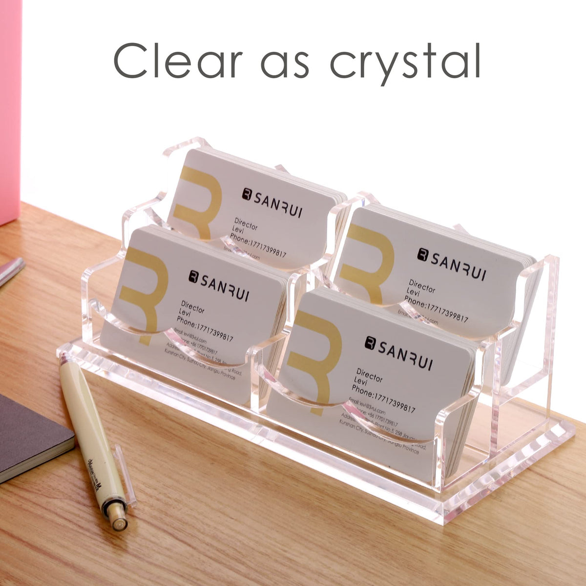 SANRUI Acrylic Business Card Holder, Clear Desk Card Display Stand 4 Slot