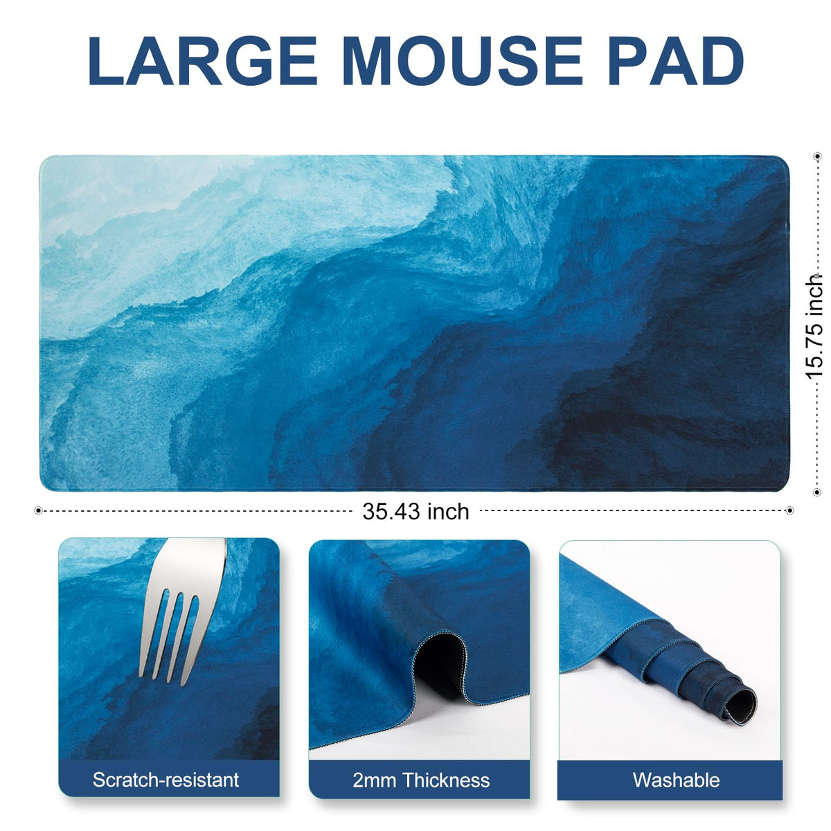 L-SPOUTTO Blue Desk Mat Gaming Mouse Pad 35.4x15.7in XXL Large Mouse Pad