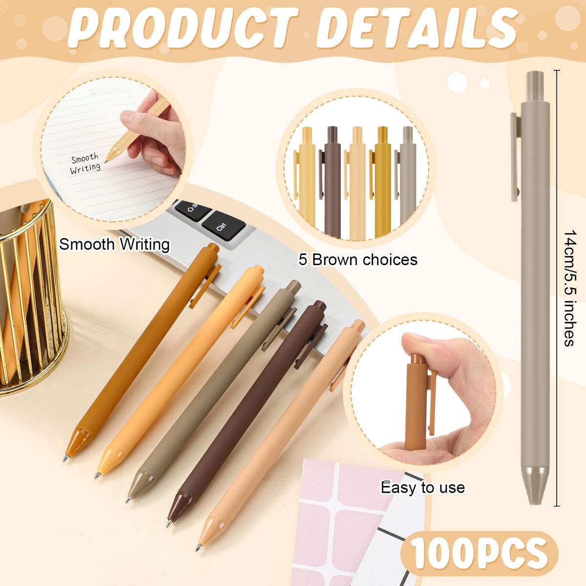 Dinifee 100 Pcs Ballpoint Gel Pens Bulk Retractable, Brown Series
