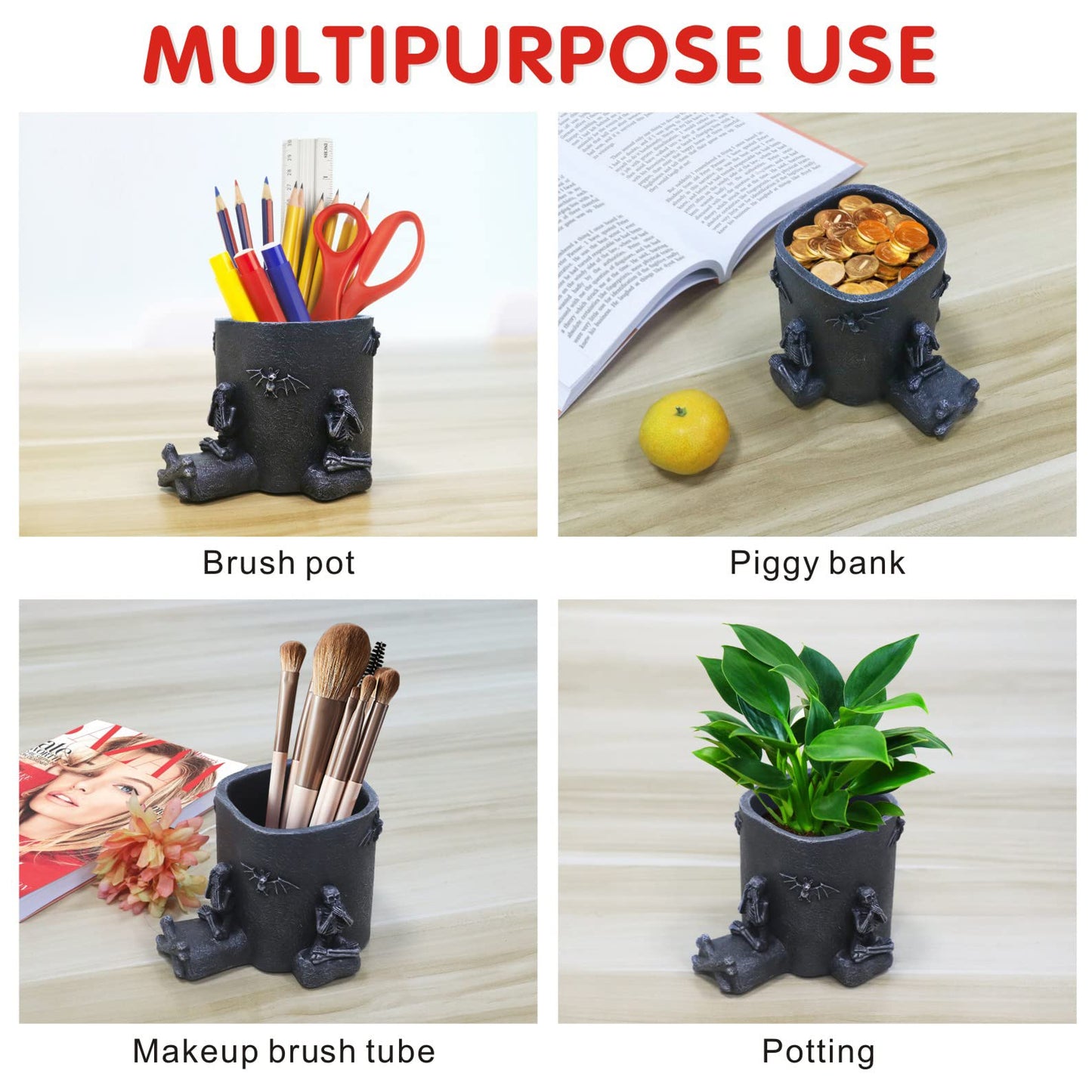 Skull Pen Holder with Phone Stand Gothic Desk Organizers Halloween Gifts