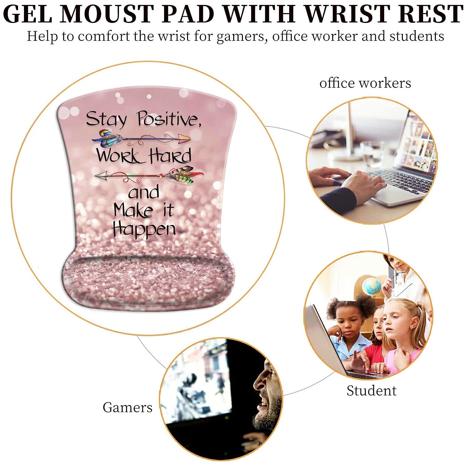 Ergonomic Mouse Pad Wrist Support Gel and Keyboard Wrist Rest Set Stay Positive Work Hard and Make