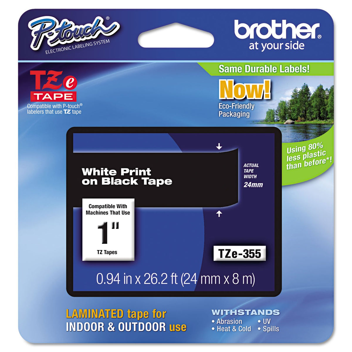 Brother Genuine P-Touch TZE-355 Tape, 1" (0.94") Wide Standard Laminated Tape, White on Black