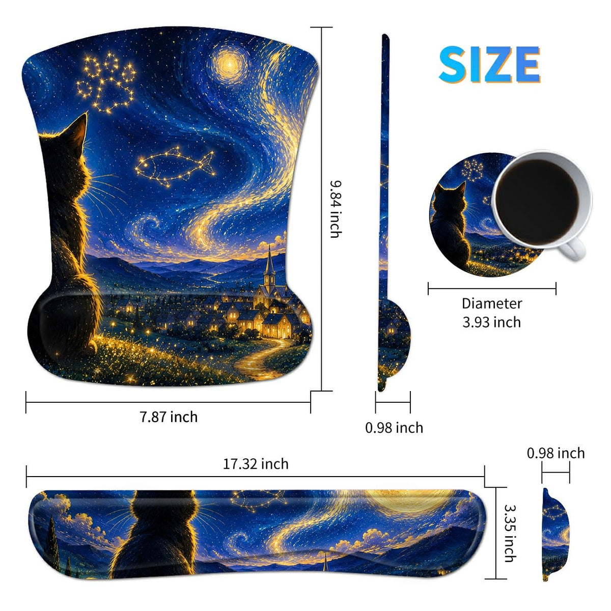3-in-1 Ergonomic Memory Foam Keyboard Wrist Rest Pad Set, Constellation Cat