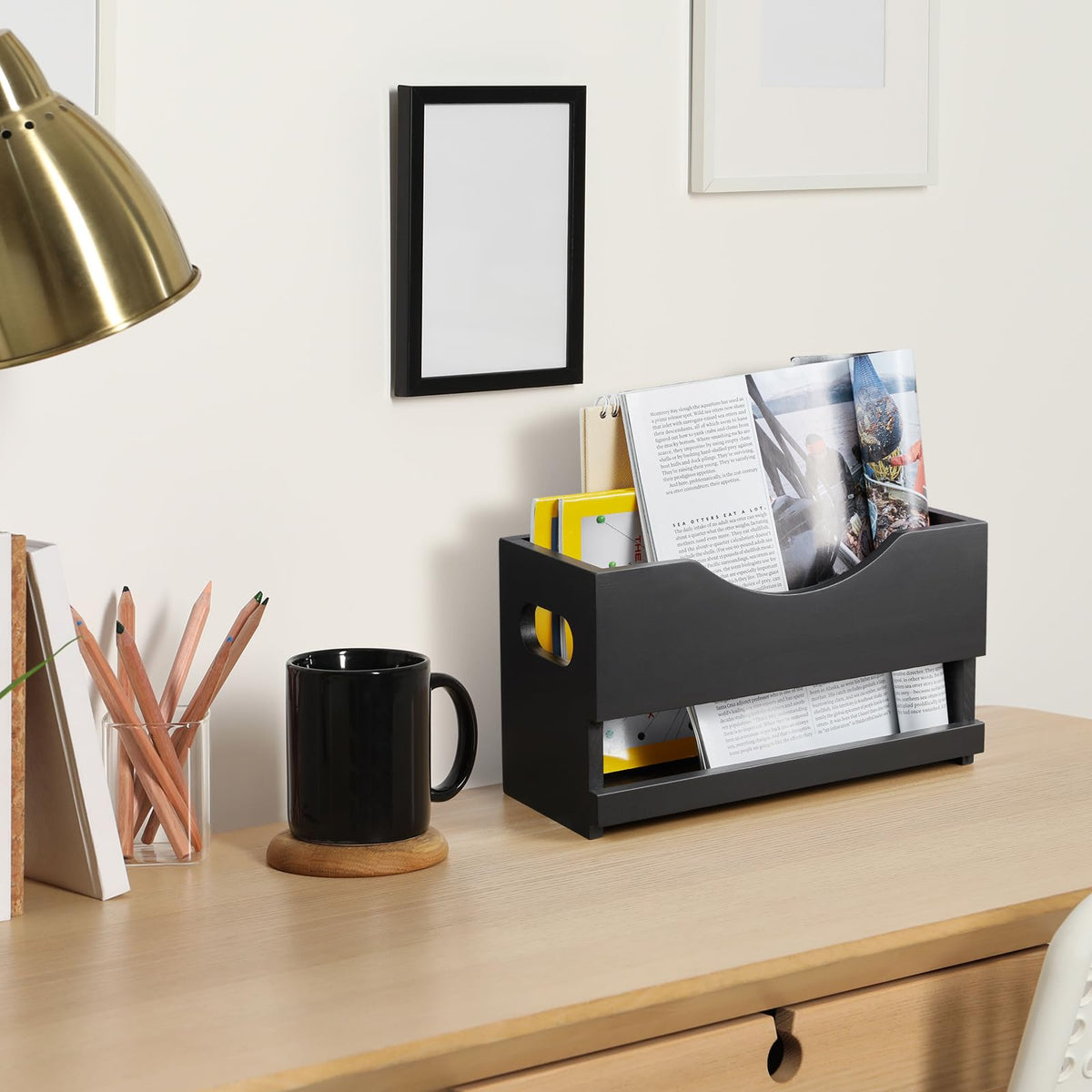 DRASTAR Magazine Rack, Wood Magazine Basket, Magazine Holder for Floor Countertop, Magazine File
