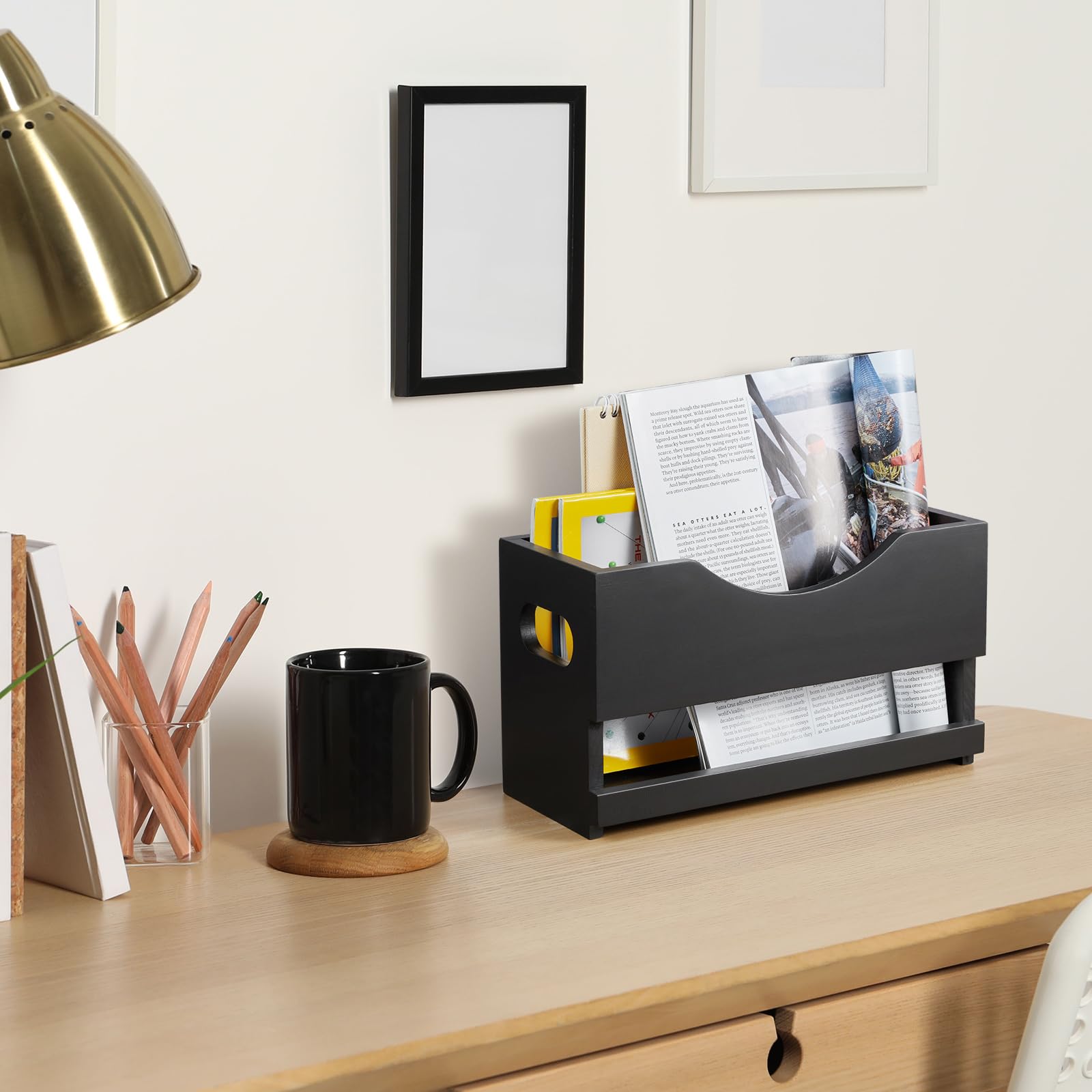DRASTAR Magazine Rack, Wood Magazine Basket, Magazine Holder for Floor Countertop, Magazine File