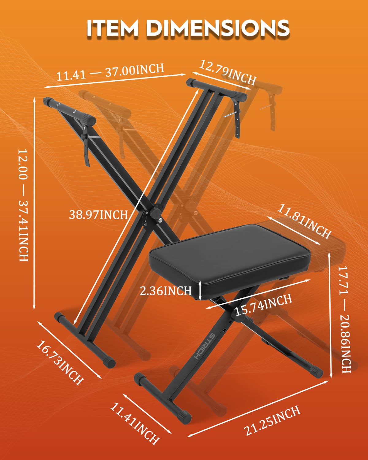 STRICH Piano Keyboard Stand Stool Set, Adjustable Double X-Style Portable Stand for 54-88 Key