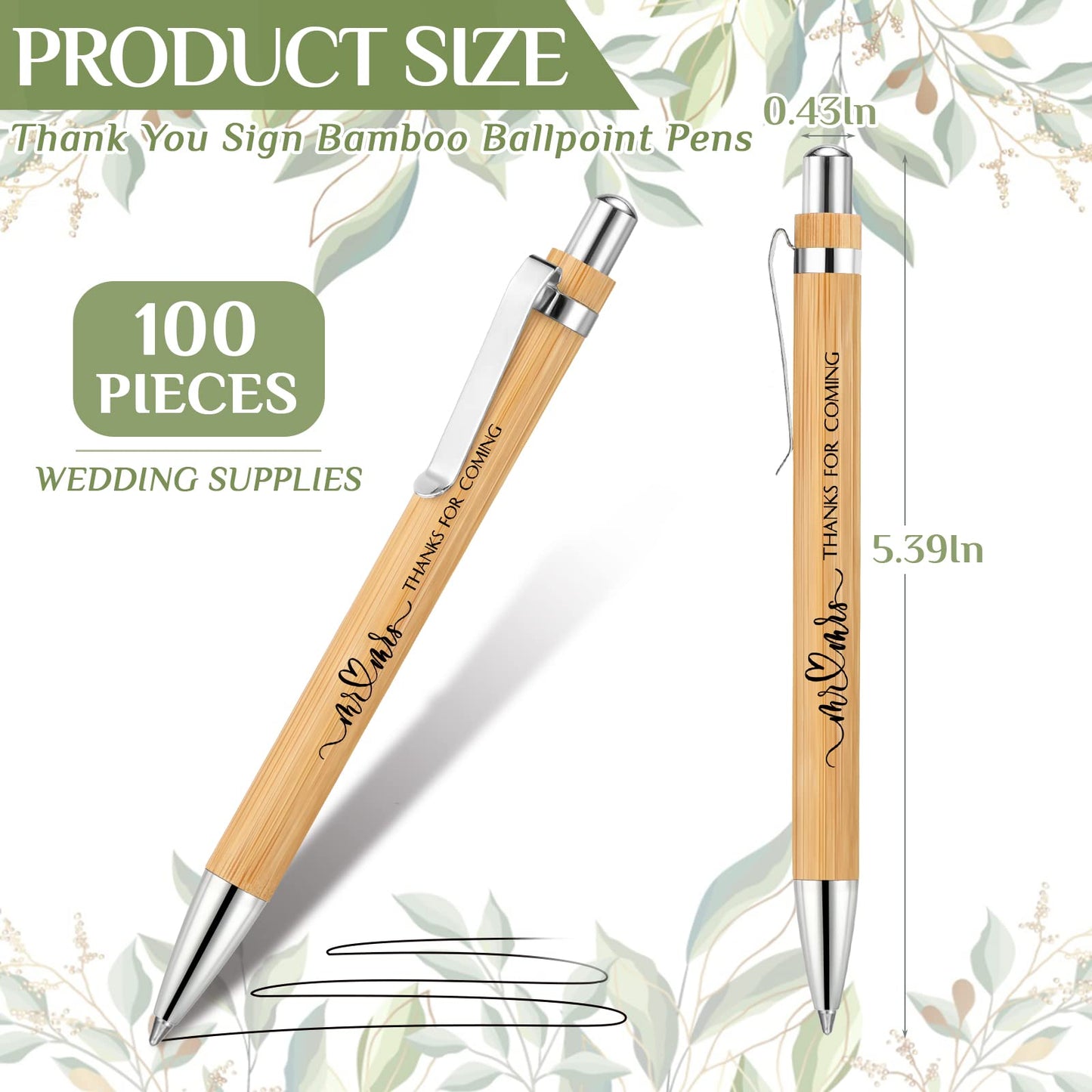 Fumete 100 Pieces Bamboo Wedding Pens Bulk Ballpoint Black Ink Bridal Shower Pens for Wedding