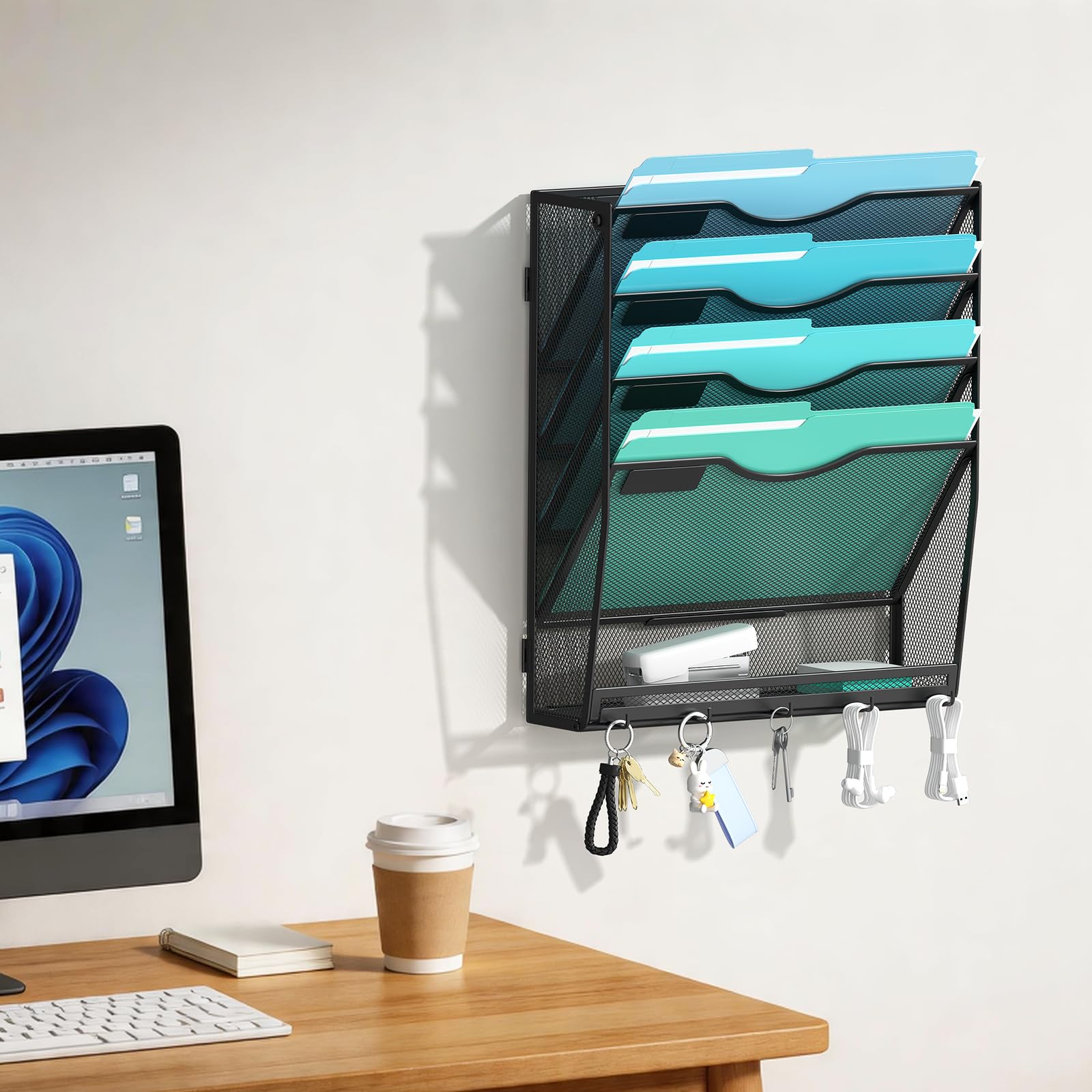 Gawerk 5-Tier Wall File Organizer Hanging Wall File Holder Wall Mount Paper Folder Organize, Mesh