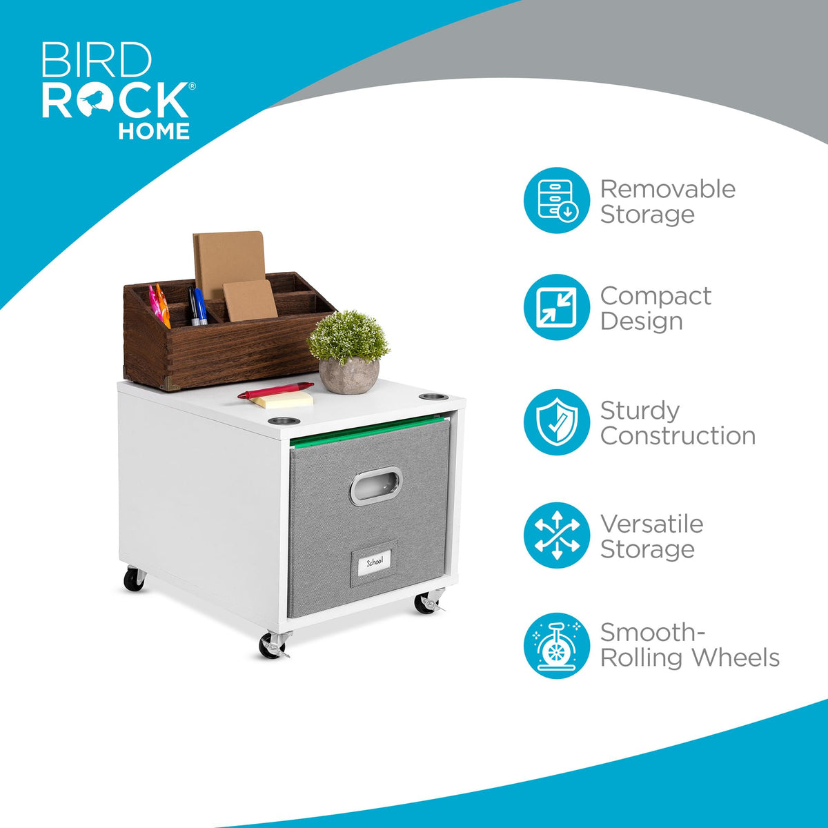 BIRDROCK HOME Rolling File Cabinet – Decorative Storage Shelf w/Removable Bins, Handles, and Wheels