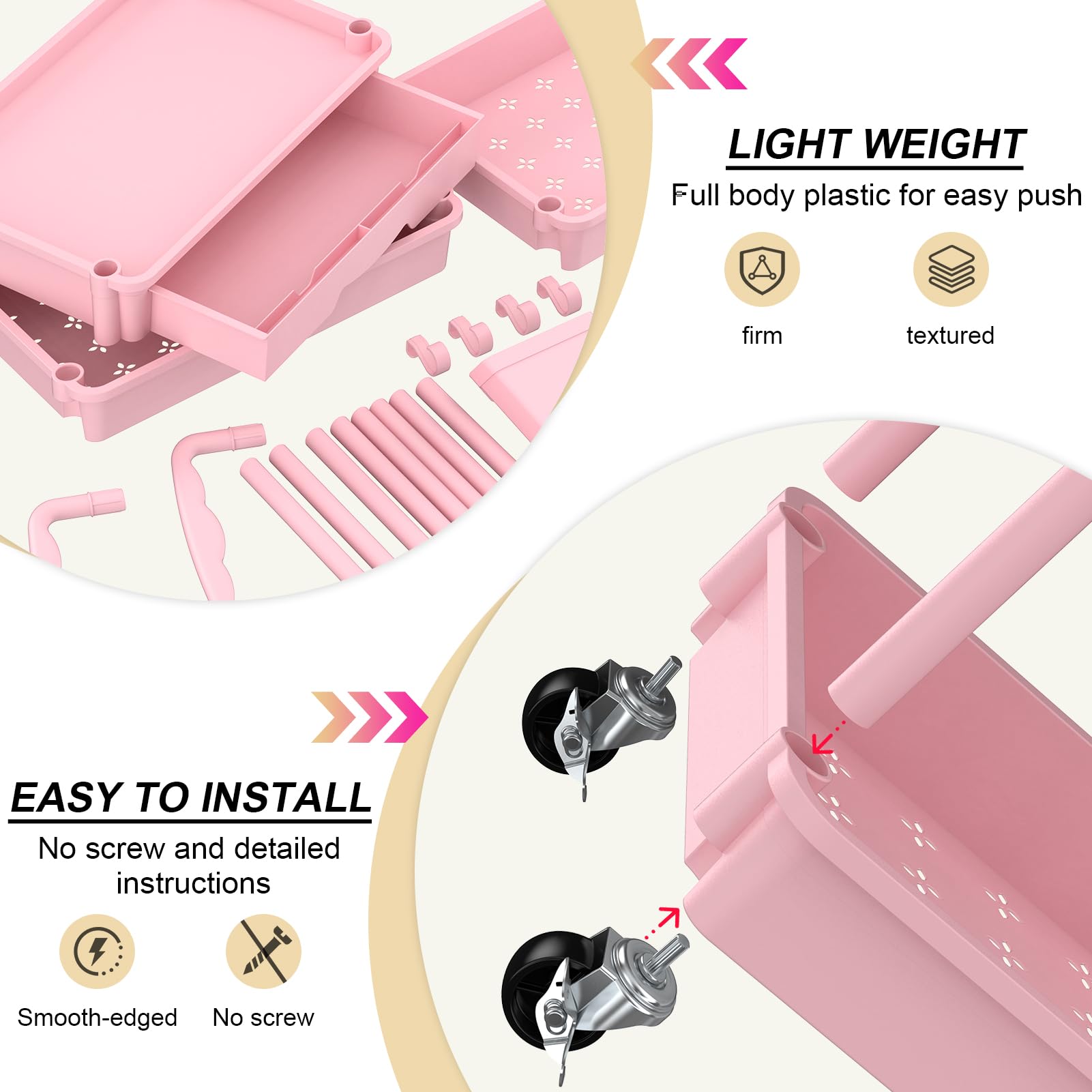 Goovilla 4 Tier Rolling Utility Cart Organizer with Removable Drawer, Pink