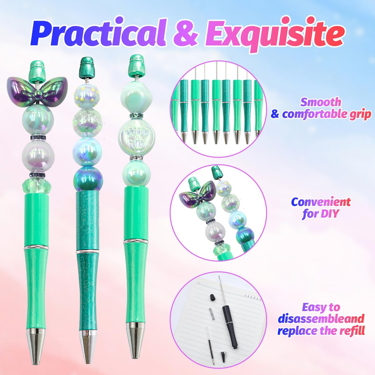 DASTTUIS 300 Pieces DIY Beadable Pen Kit – 100 Plastic Ballpoint Pens with Refills & Bags – School