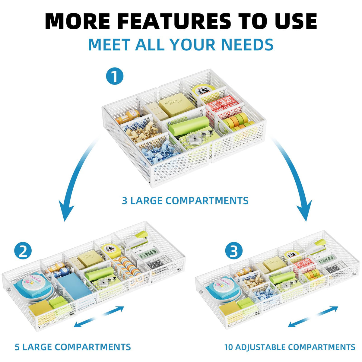 Marbrasse Expandable Desk Drawer Organizer, Mesh Drawer Organizer Tray with 10 Adjustable