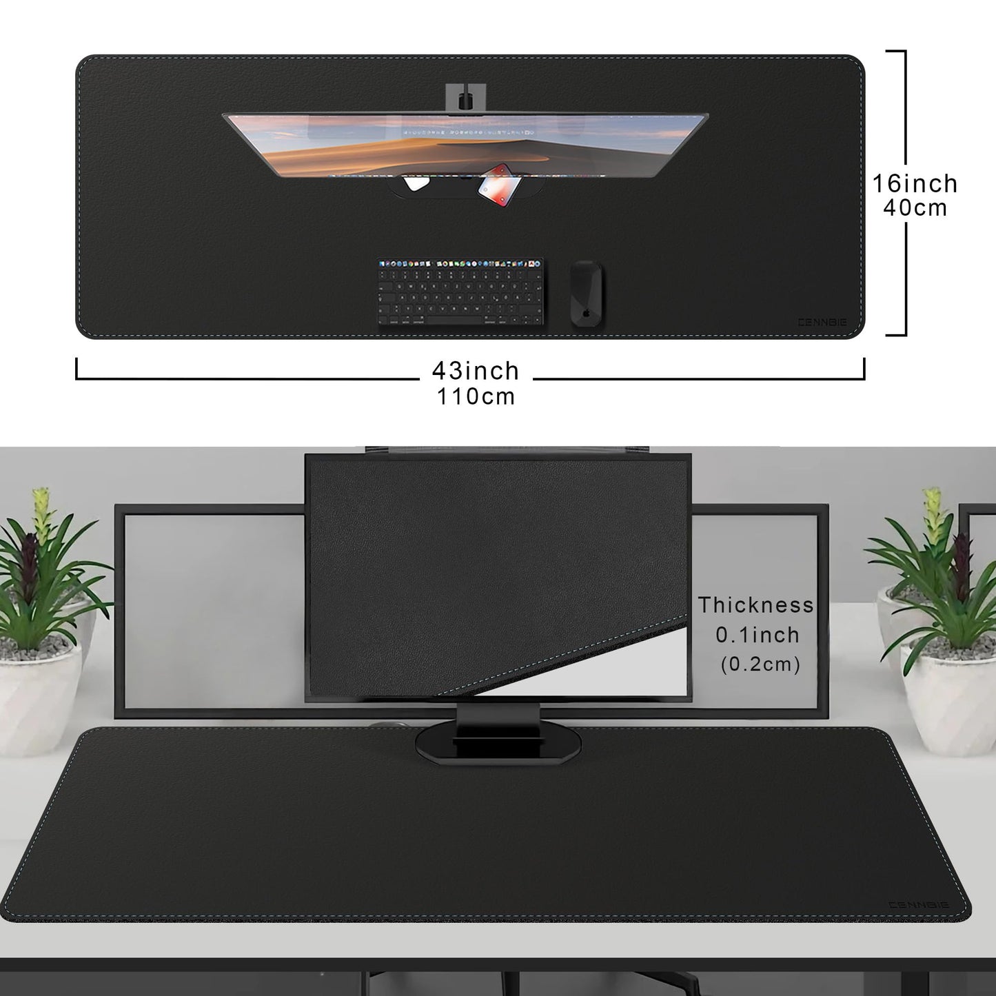 CENNBIE Leather Desk Mat - 43.6" x 16" Oversized Mouse Pad, Black