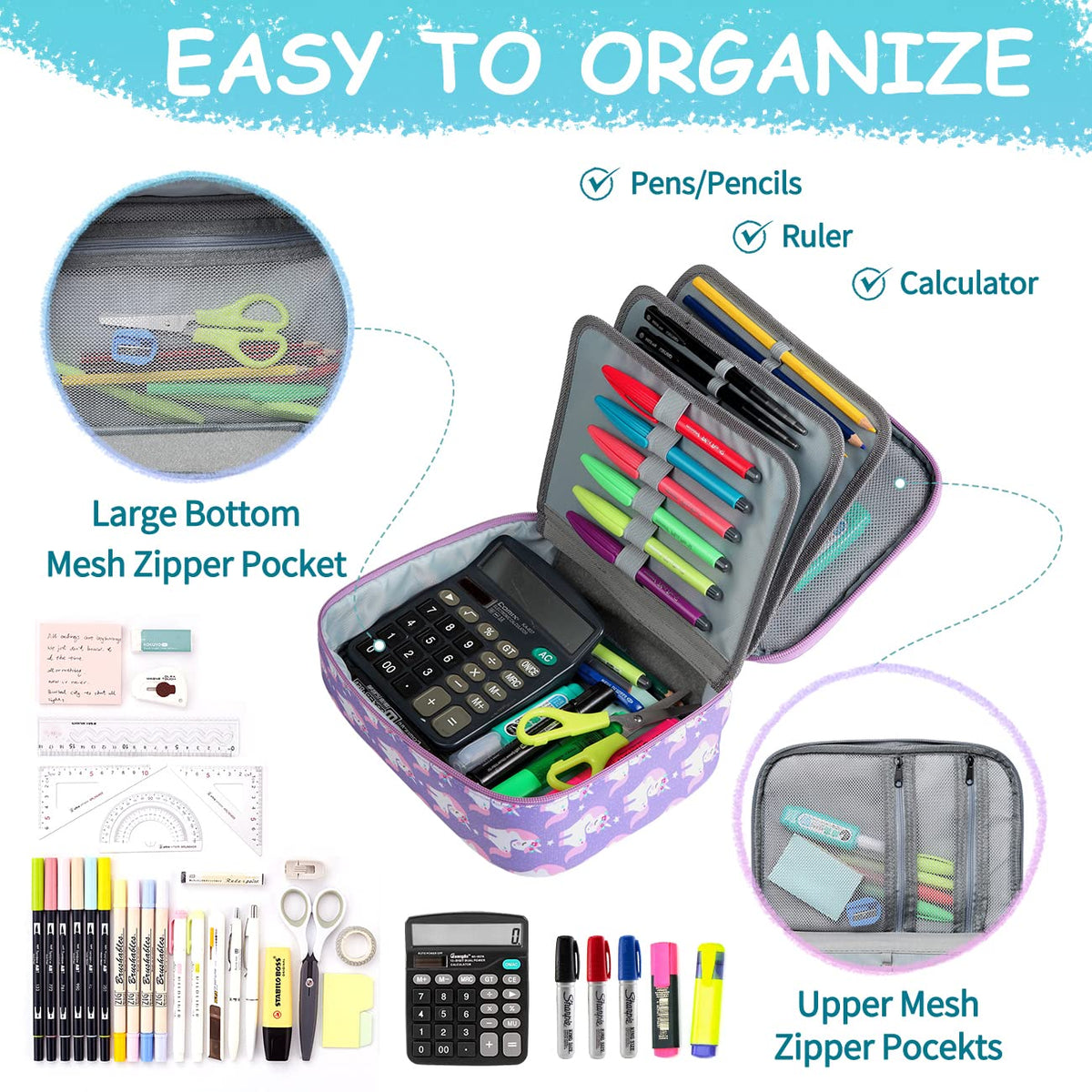 VASCHY Large Pencil Case, Art Color Pencils Pouch with Detachable Layers Multiple Zip Pockets for