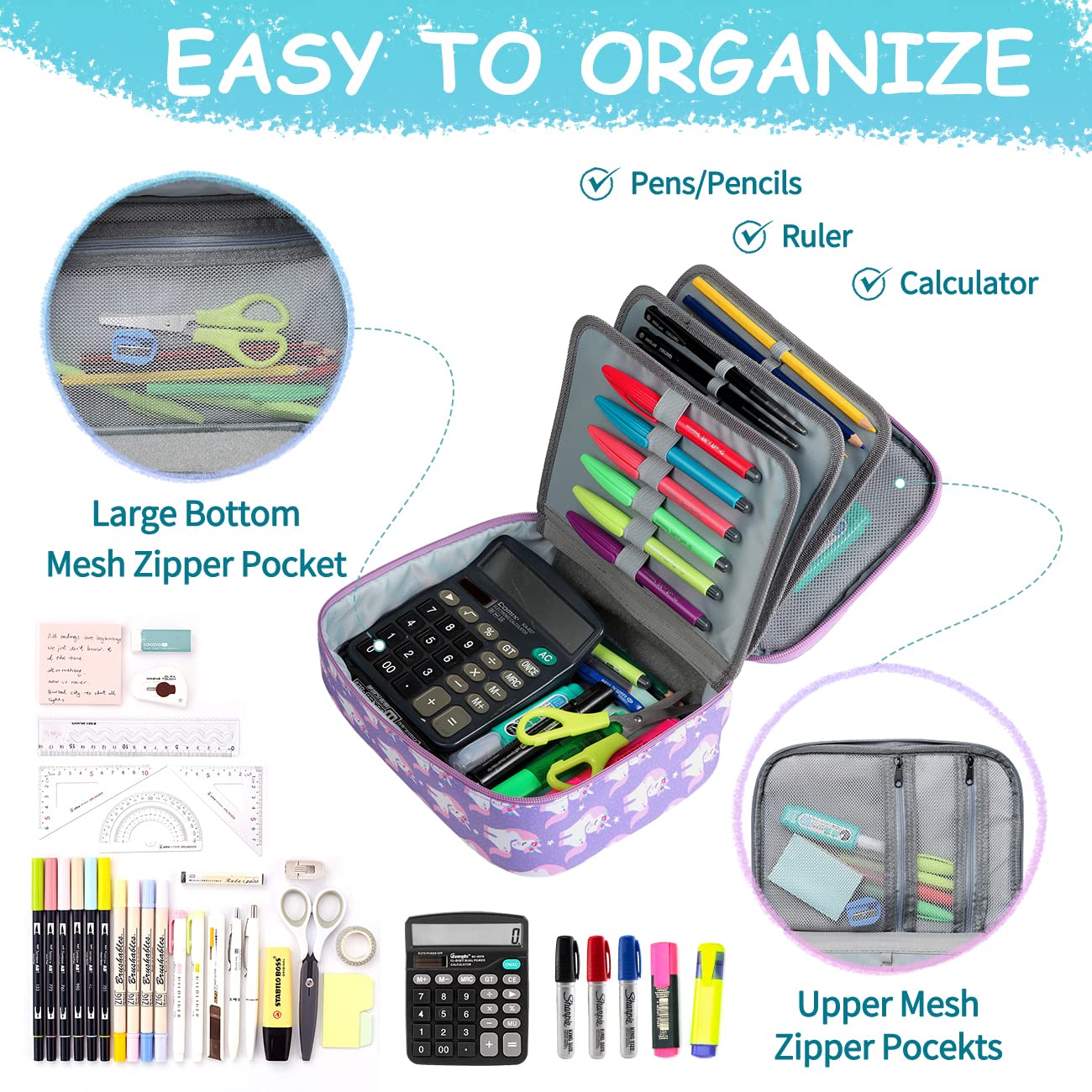 VASCHY Large Pencil Case, Art Color Pencils Pouch with Detachable Layers Multiple Zip Pockets for