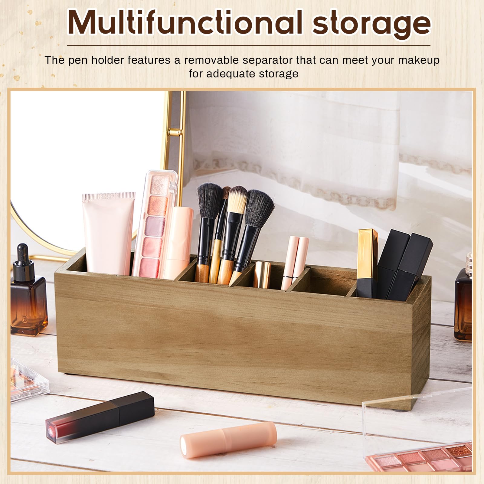 Jetec Wooden Pencil Pen Holder for Desk, Wood Color, 6 Compartments
