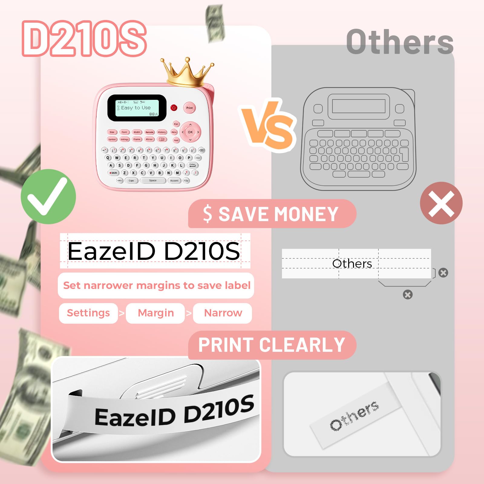 EazeID D210S Pink Label Maker Machine with-Tape, Portable Kids Label Maker