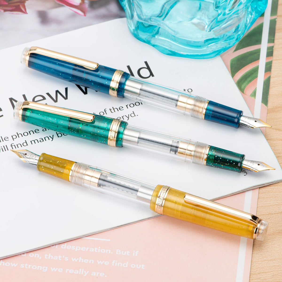 Set of 3 Jinhao 82 Fountain Pens Transparent Starry Sky Color Acrylic Extra Fine Point Gold Trim