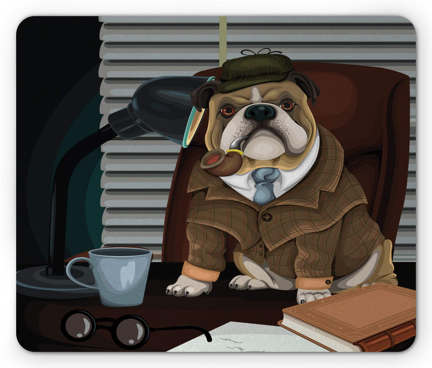 Ambesonne English Bulldog Mouse Pad, Traditional Detective Dog and Hat Sherlock Holmes Image