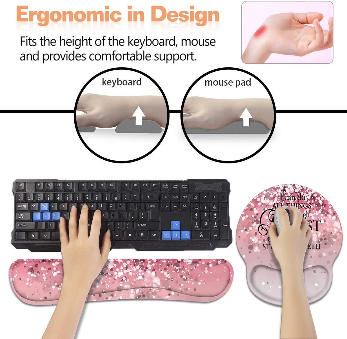 Keyboard Wrist Rest + Mouse Pad Wrist Support Set with Coasters, Non-Slip PU Base Ergonomic