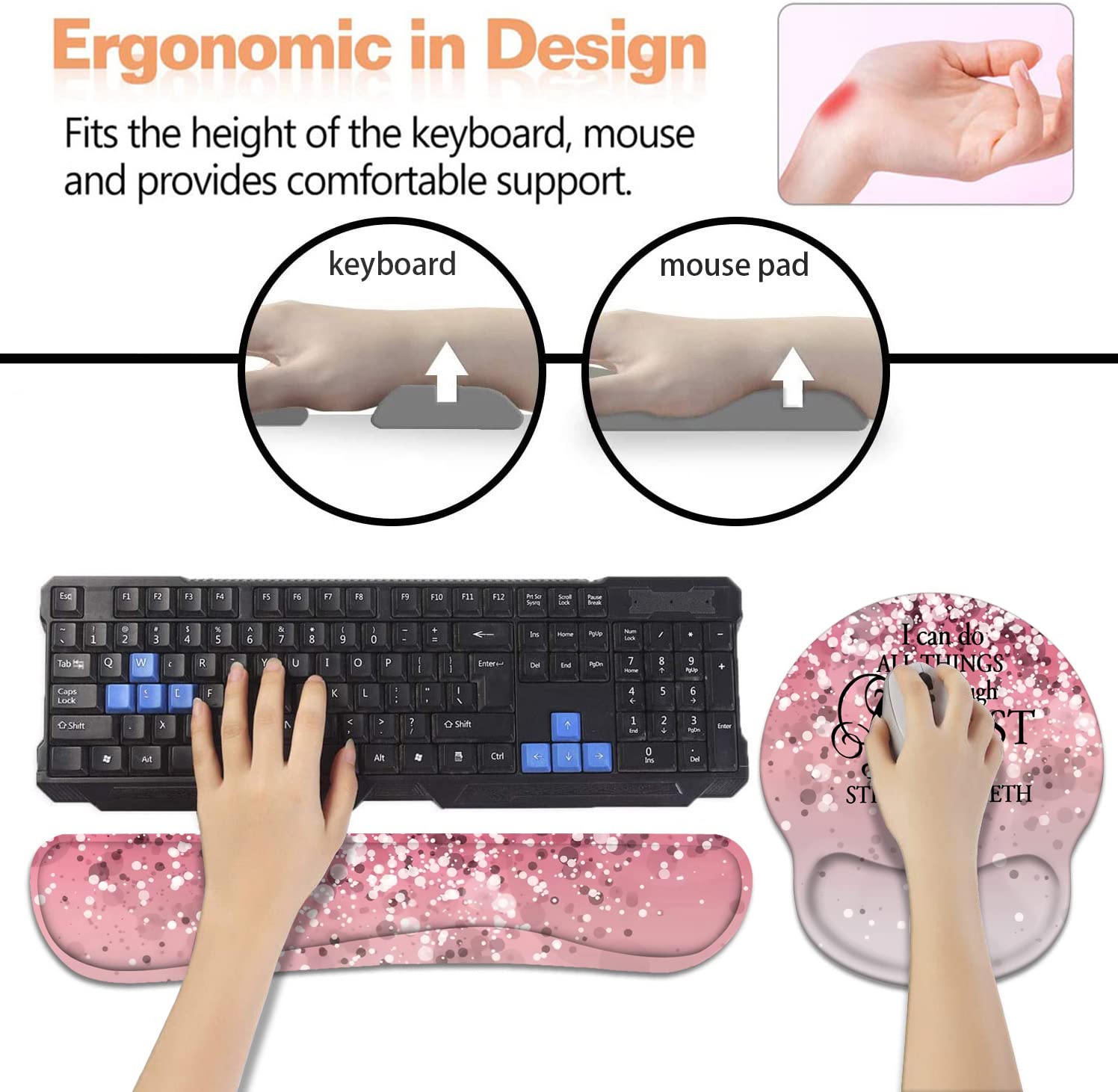 Keyboard Wrist Rest + Mouse Pad Wrist Support Set with Coasters, Non-Slip PU Base Ergonomic