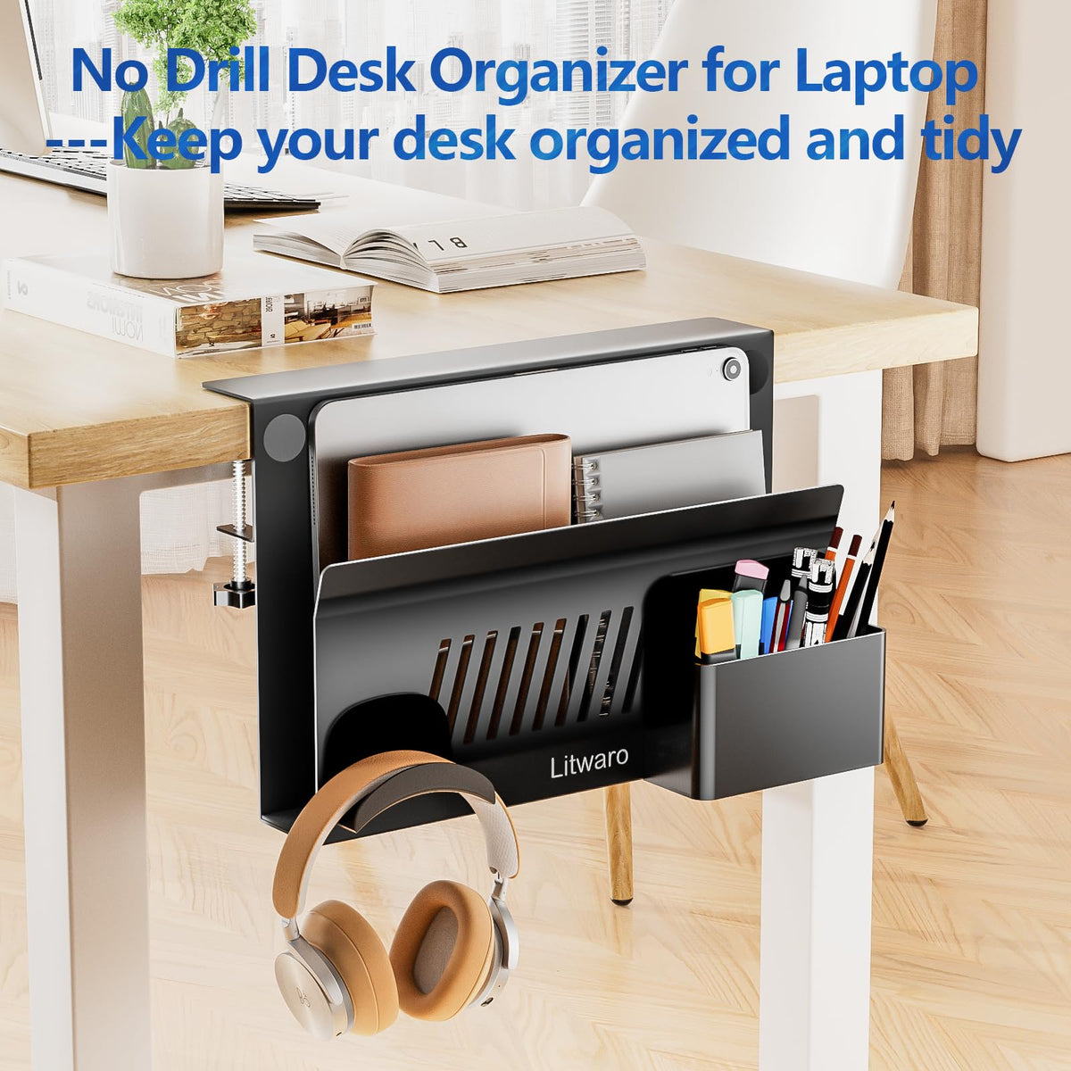 Litwaro Desk Side Storage, No Drill Laptop Holder with Magnetic Pen Holder, Clamp on Laptop Mount