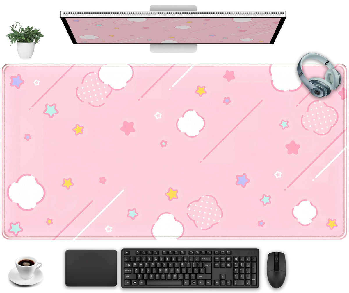 Pink Mouse Pad Large Desk Mat Gaming, Kawaii Desk Pads Stars Mouse Mat XXL Cute Keyboard Pad