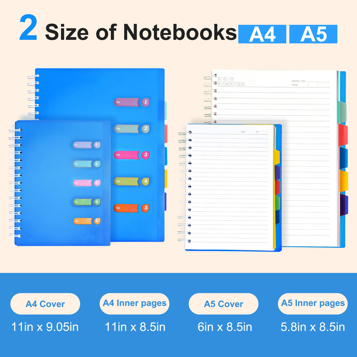 5 Subject Notebook College Ruled Spiral Notebook 5x7 with Removable Divider