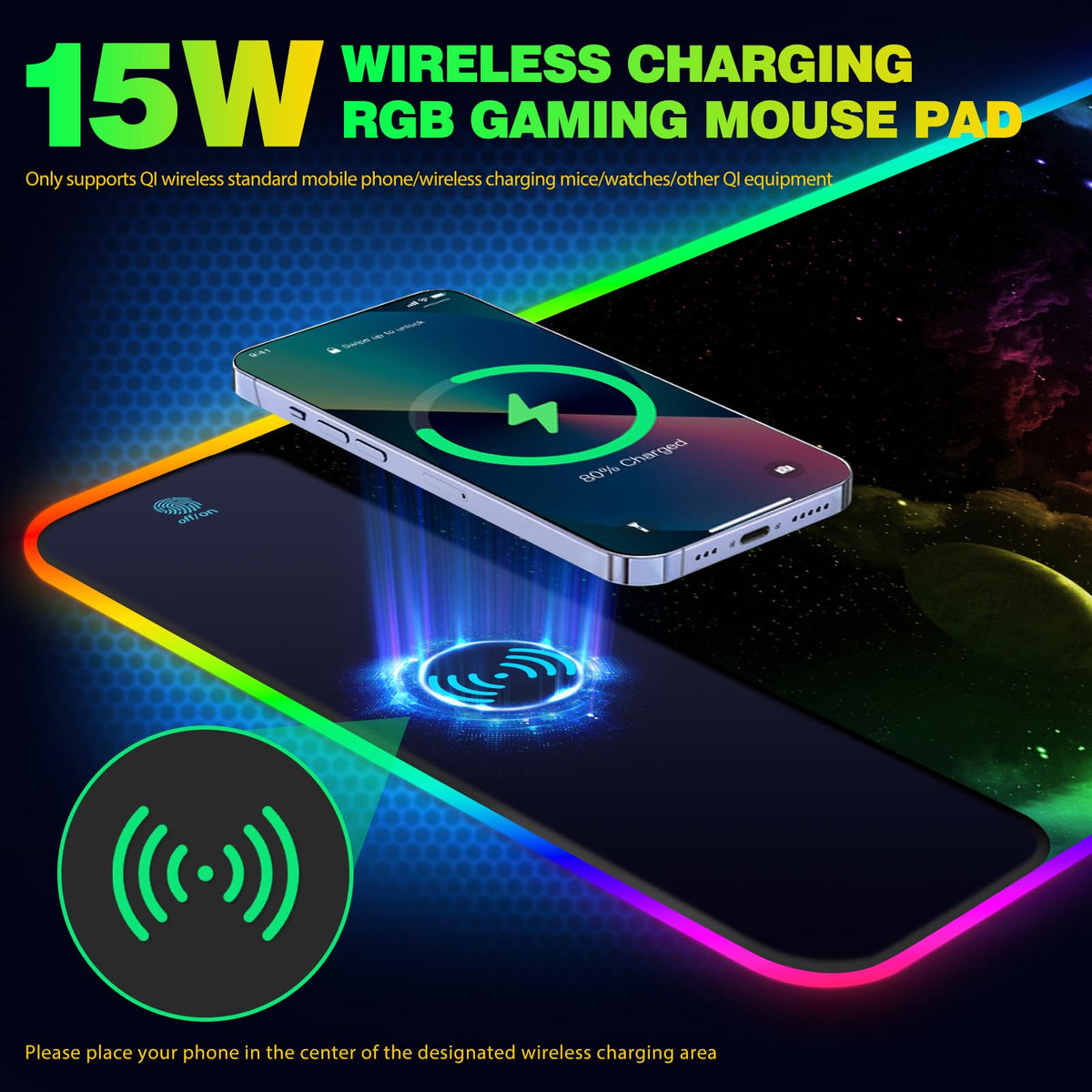 AIMSA Wireless Charging RGB Gaming Mouse Pad 15W, Extended LED Desk Mat Protector 800x300x4MM, 14