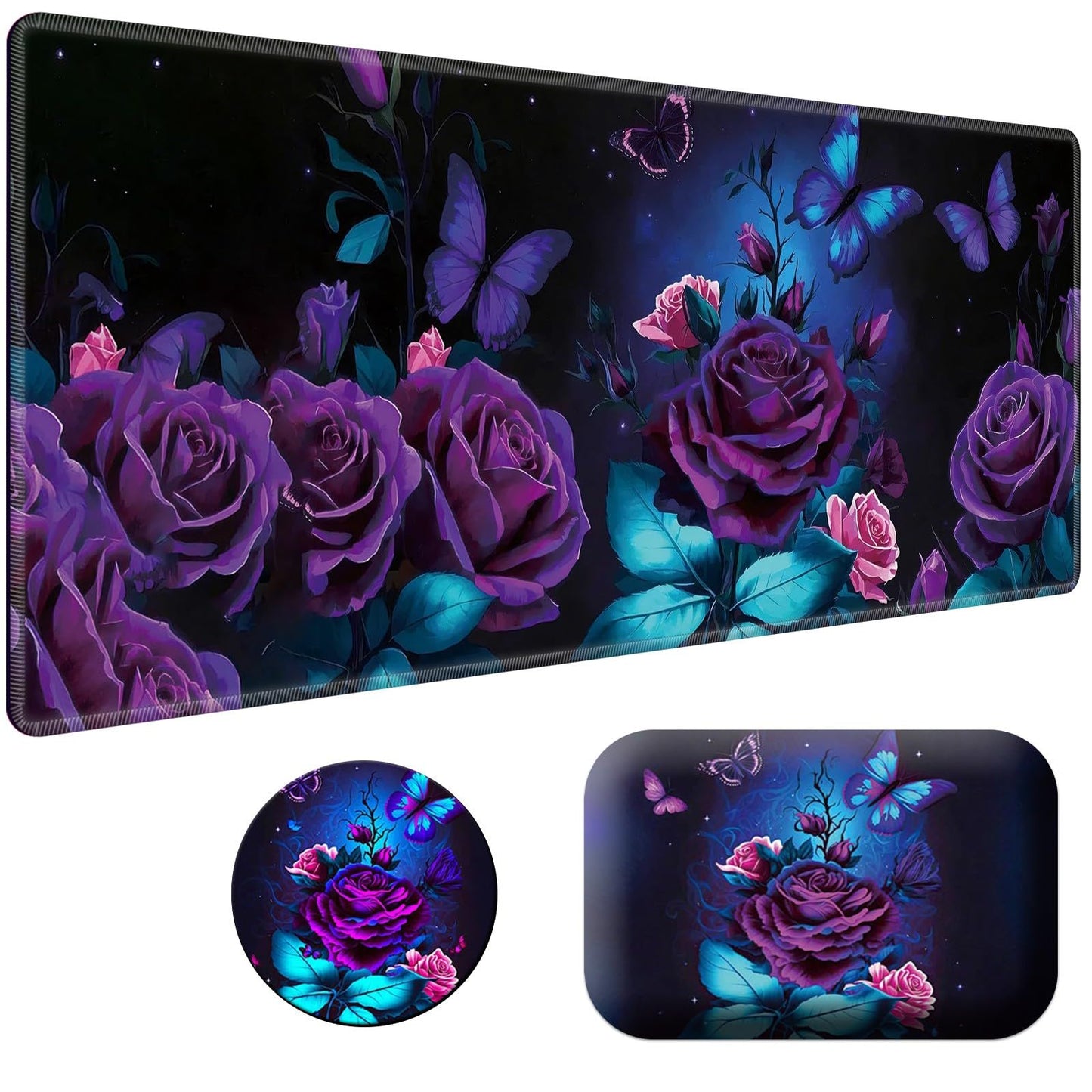 Large Gaming Mouse Pad 27.5 x 11.8 inch & Small Wrist Rests with Coasters and Purple Rose and Blue