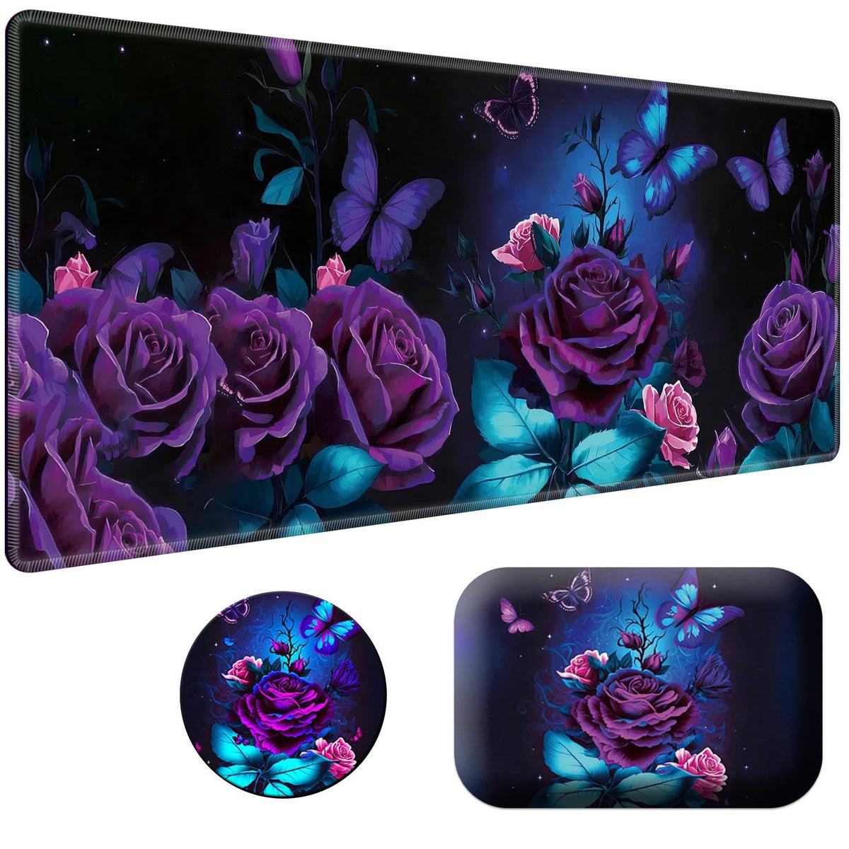 Large Gaming Mouse Pad 27.5 x 11.8 inch & Small Wrist Rests with Coasters and Purple Rose and Blue