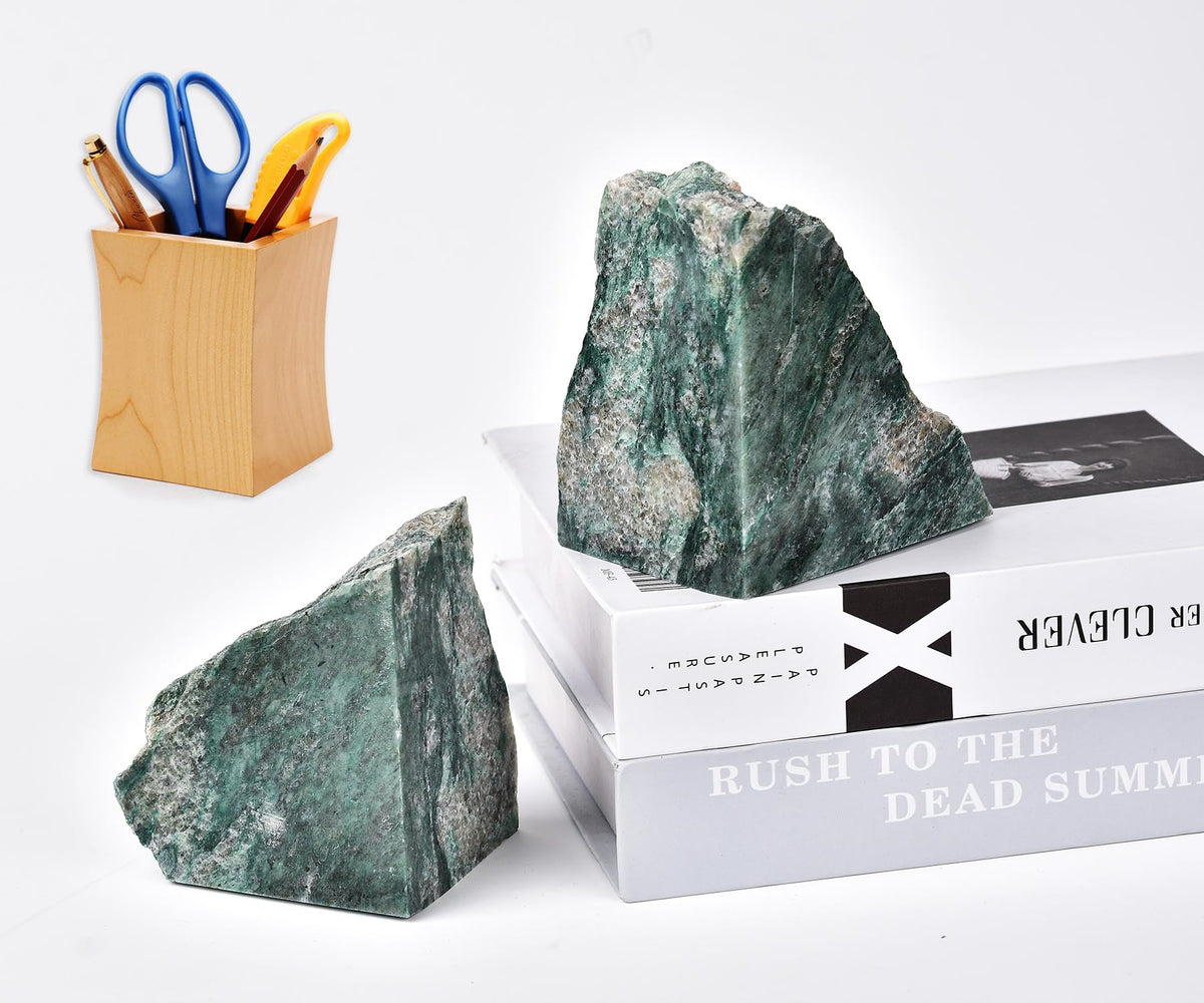 AMOYSTONE Green Mica Stone Bookends for Home Kitchen Shelf Decor