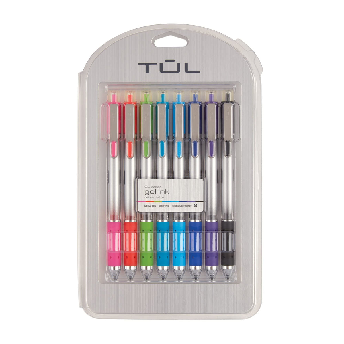 TUL Retractable Gel Pens, Needle Point, 0.5 mm, Gray Barrel, Assorted Bright Ink Colors, Pack Of 8
