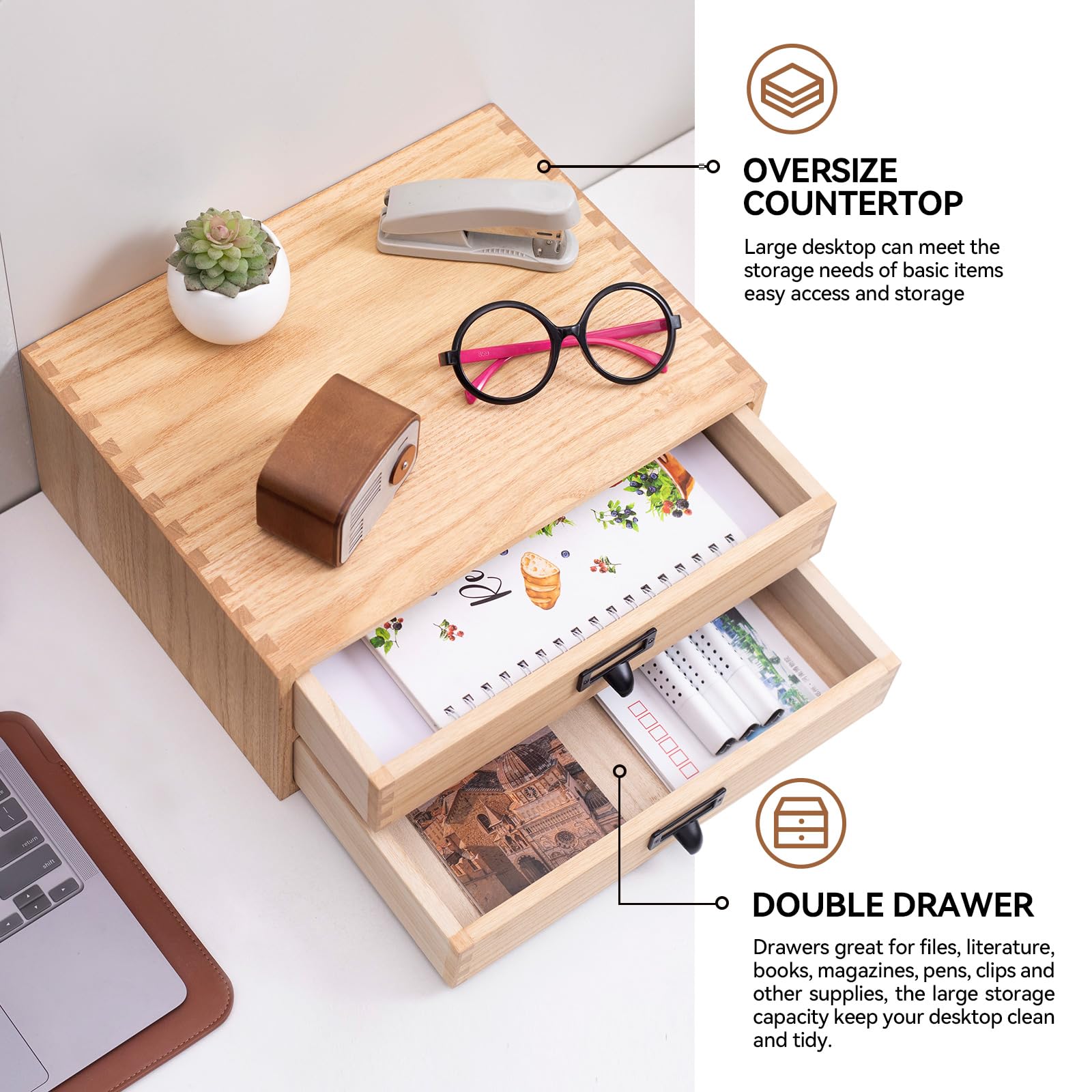 KIRIGEN Solid Wood Desk Organizer with 2 Drawers, Desktop Storage, Natural