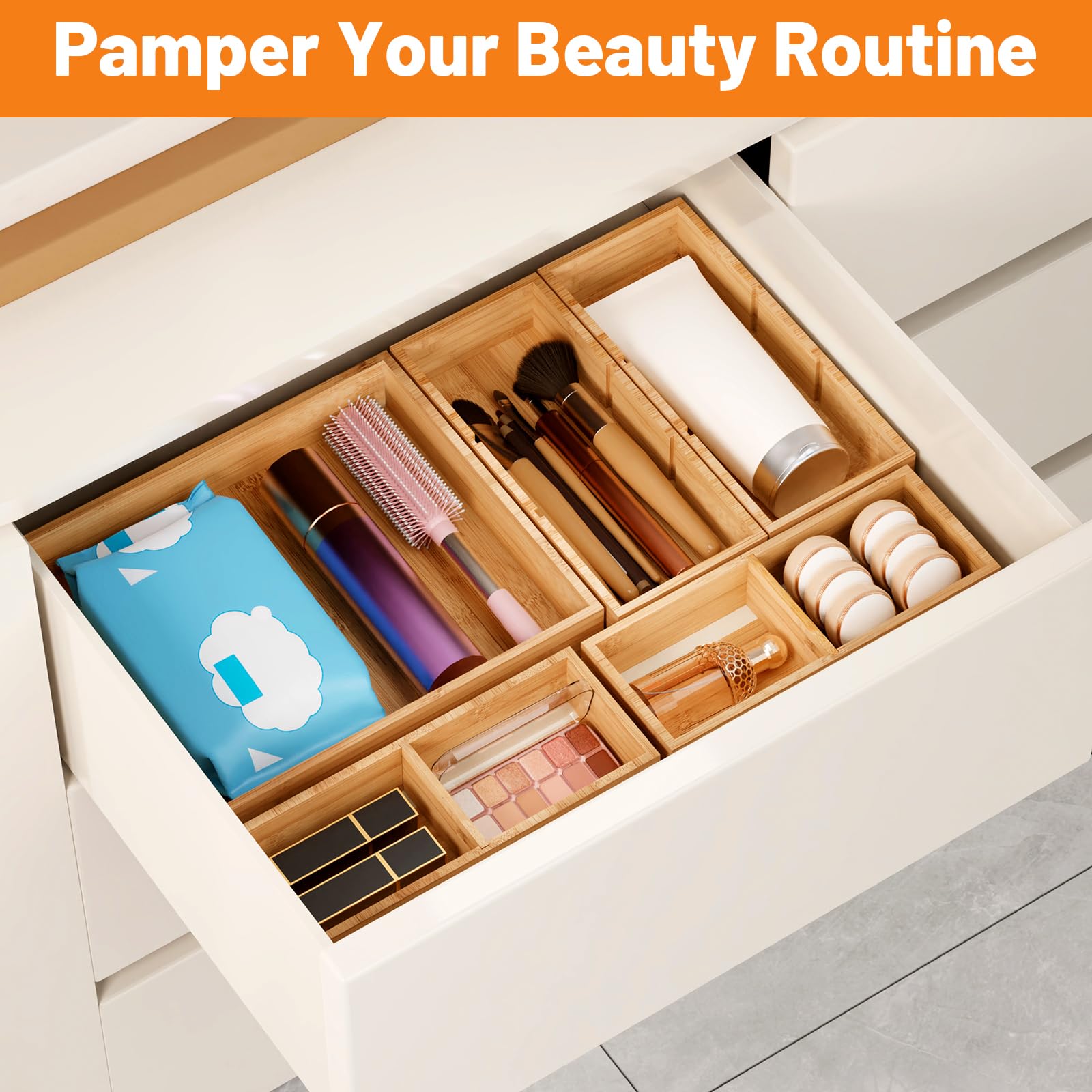 Bamboo Drawer Organizer, 10-Piece Stackable Trays with Removable Dividers