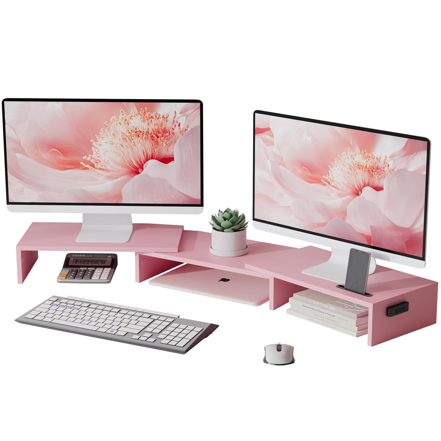 BONTEC Dual Monitor Stand Riser, Adjustable Length & Swivel Angle, Pink
